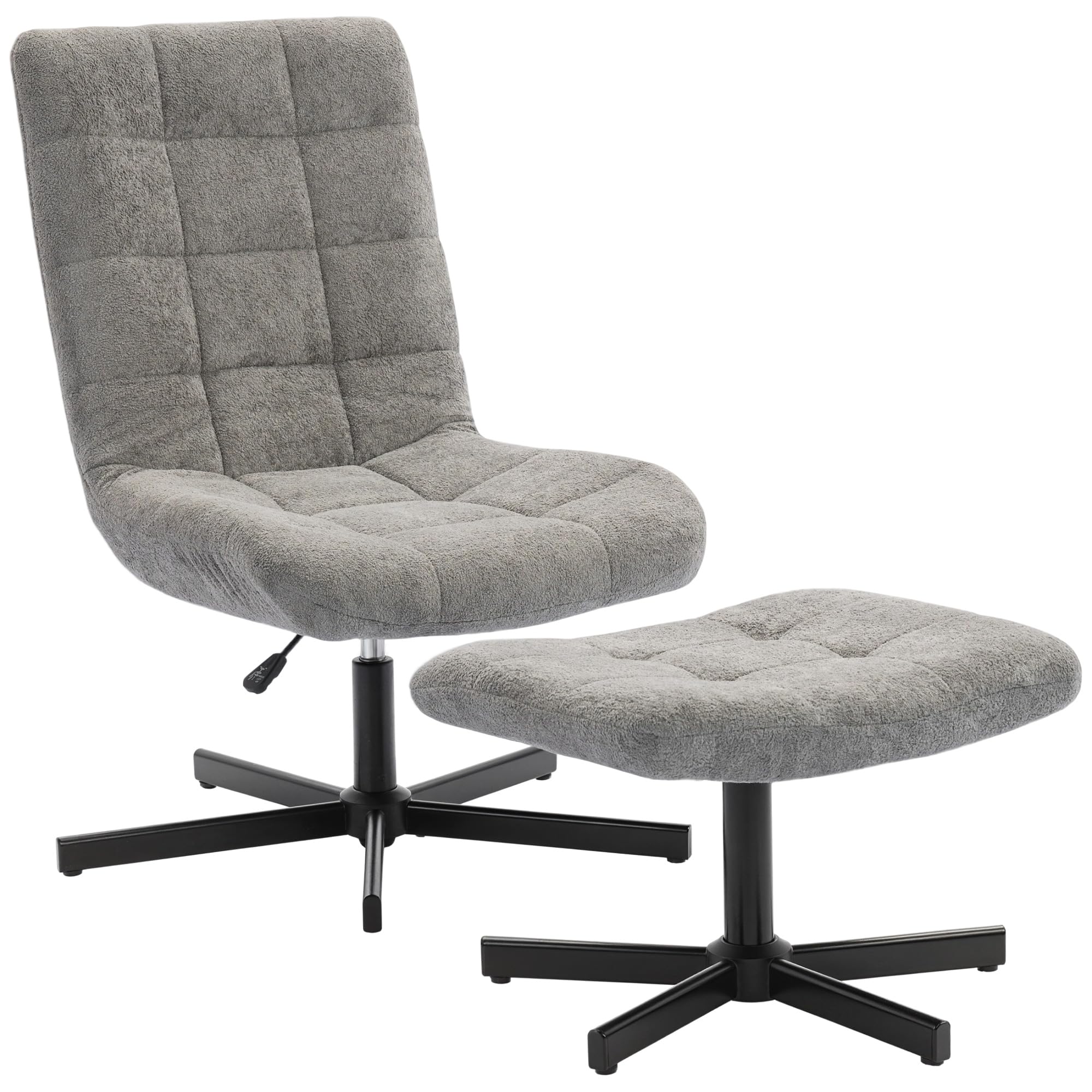 HOMCOM Fauteuil Salon avec Repose-Pieds, Chaise pivotante en Velours sans accoudoirs, Hauteur réglable, Dossier inclinable 4 Positions, Assise rembourrée, Fauteuil Relax pour Salon et Chambre, Gris | Sans Accoudoirs, Hauteur Réglable, Dossier Inclinable 4