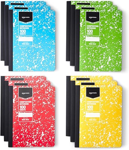 Tienda Basics Cuaderno de composición, rayas anchas, 100 hojas, paquete de 12, varios colores de mármol