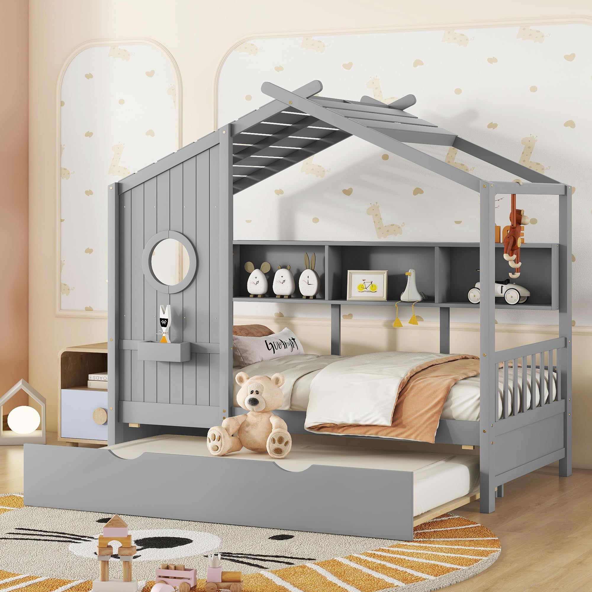 Linique Wooden Twin Size House Bed with Trundle and Storage Shelf,Modern Design Twin Platform Bed Frame with Pitched Roof(Gray)