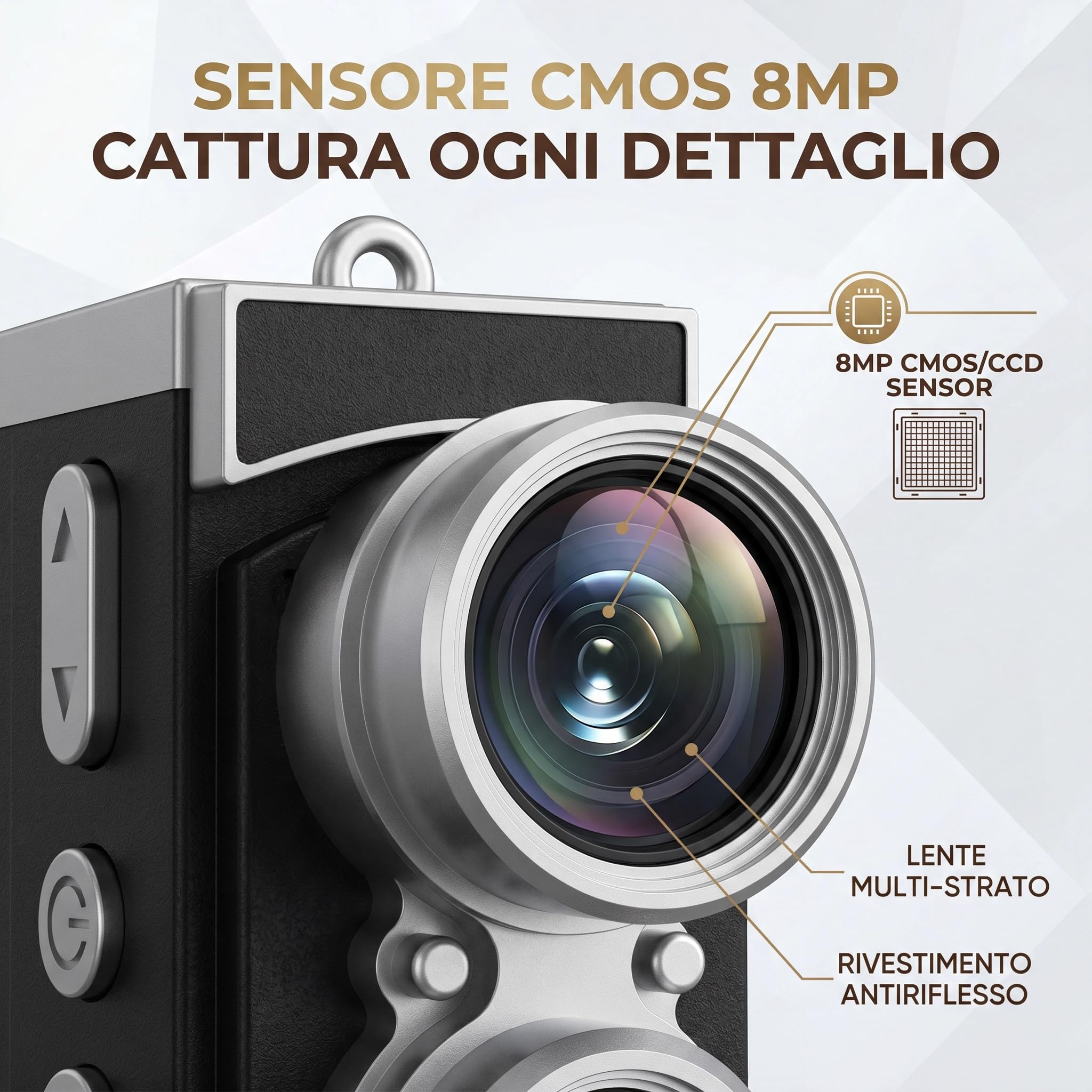 Mini Camera Digitale Retrò, Foto 8MP e Video Full HD 1080P, Grandangolo 120°, Filtri Creativi, Supporto Scheda MicroSD fino a 128GB, Design Tascabile Vintage