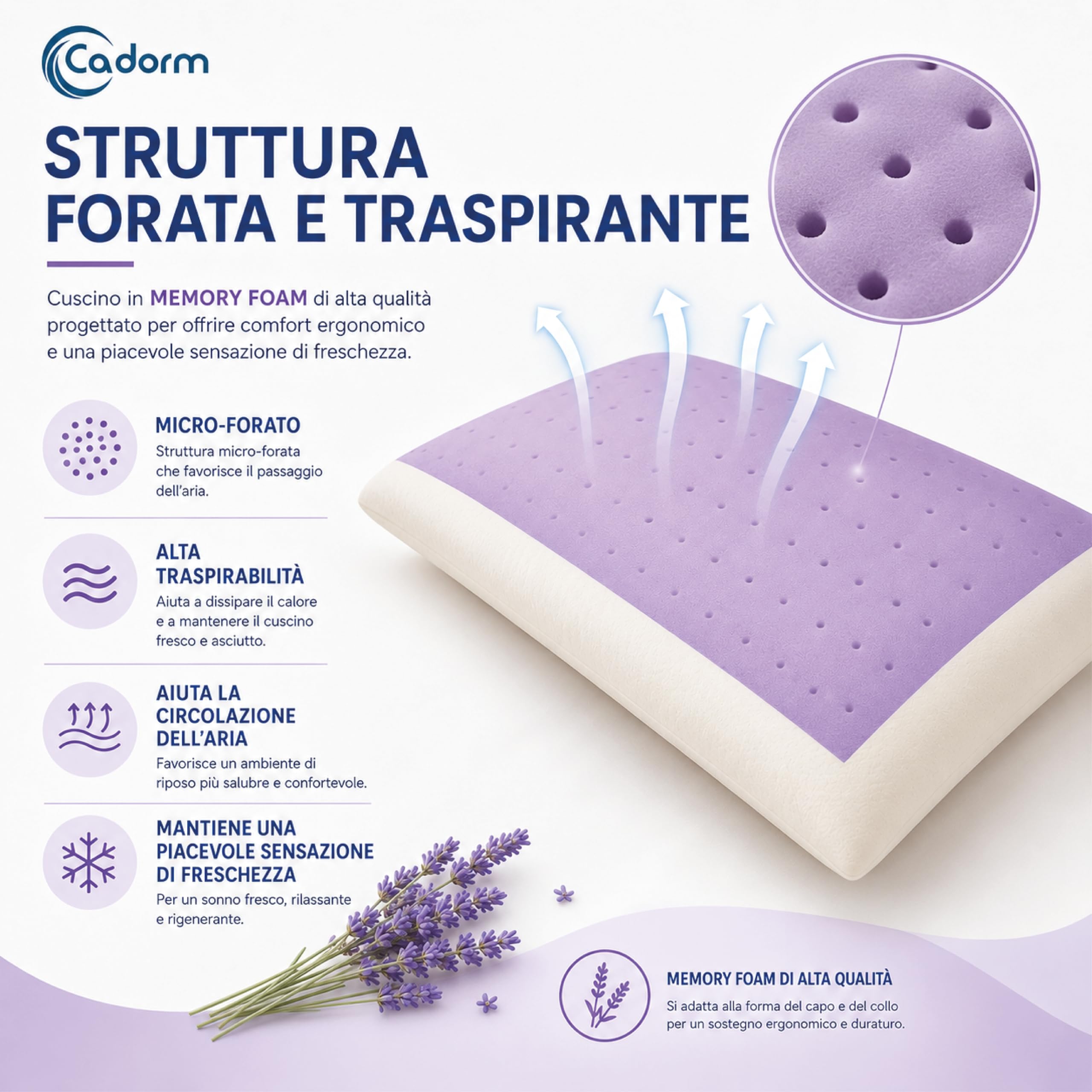 Cuscino Memory Foam Lavanda Forato 70x40x14 cm