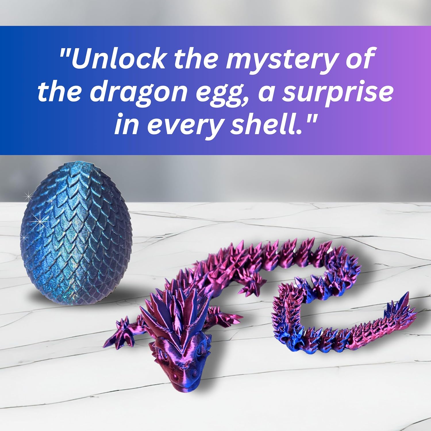 20" Articulated 3D Printed Dragon with Surprise Egg – Flexible Fidget Toy for Kids & Teens, Dragon Egg, Mythical Figurine (Red/Blue with Blue Egg)
