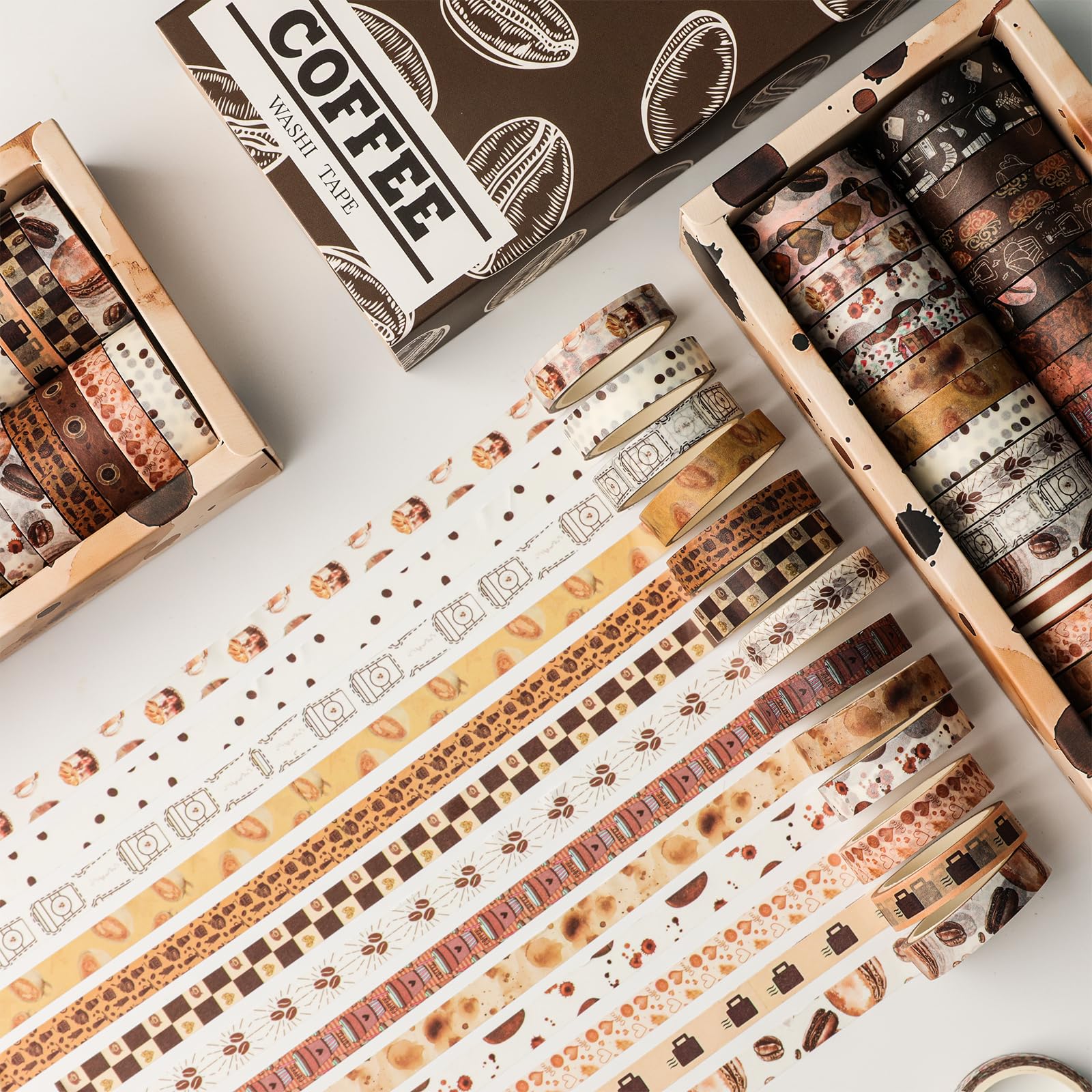 Zestaw 32 rolek taśmy Washi, vintage, kawowa, dekoracyjna taśma retro, brązowa, akwarela, kawiarnia, taśma maskująca do dziennika, dziennika śmieci, scrapbookingu, planera, artykułów