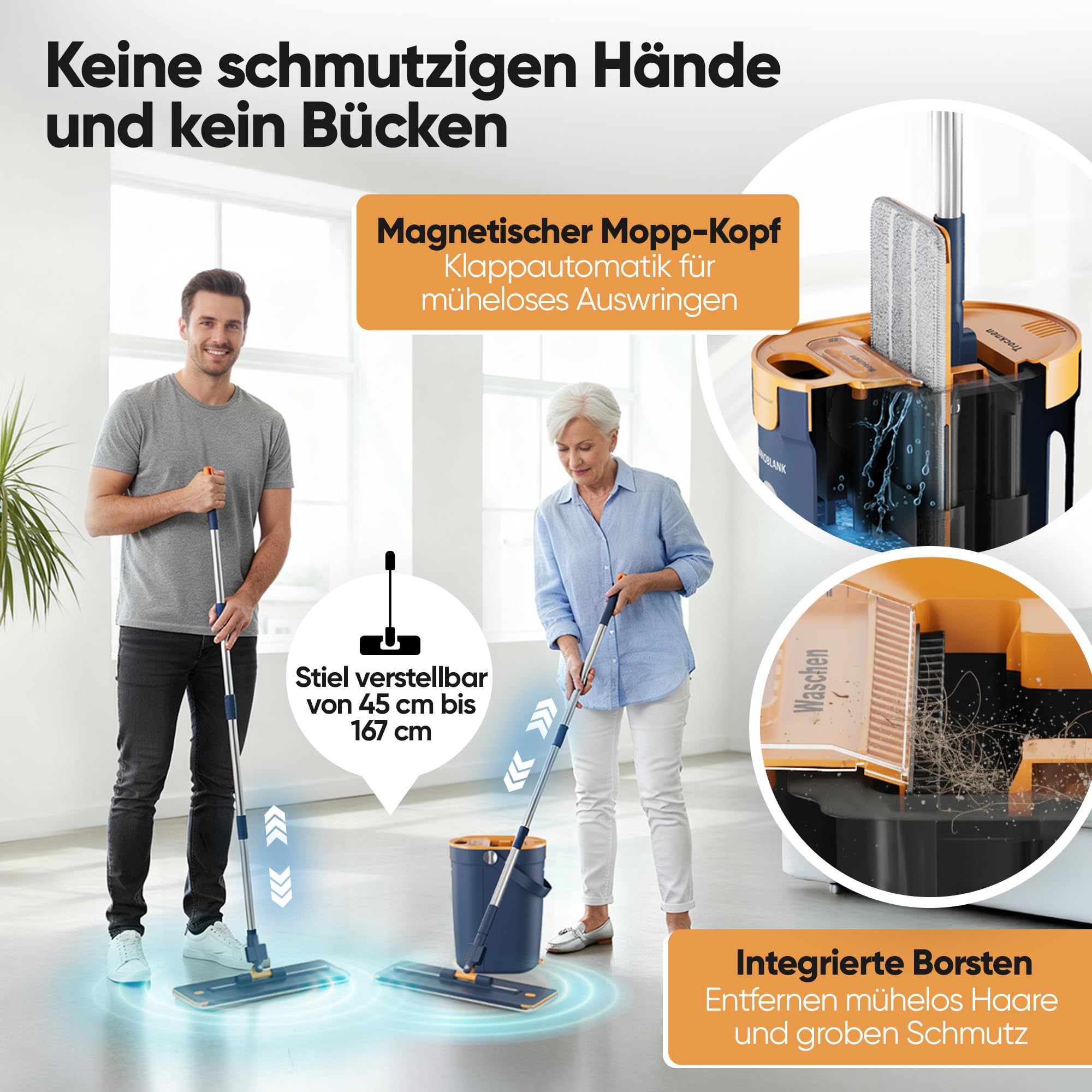 Wischmopp Set mit Eimer – Bodenwischer, Wischer Boden, Mop Set mit 3-Kammer-System, Nasswischer mit Auswringfunktion und Putzeimer, Mikrofaserpads & Wandhalterung