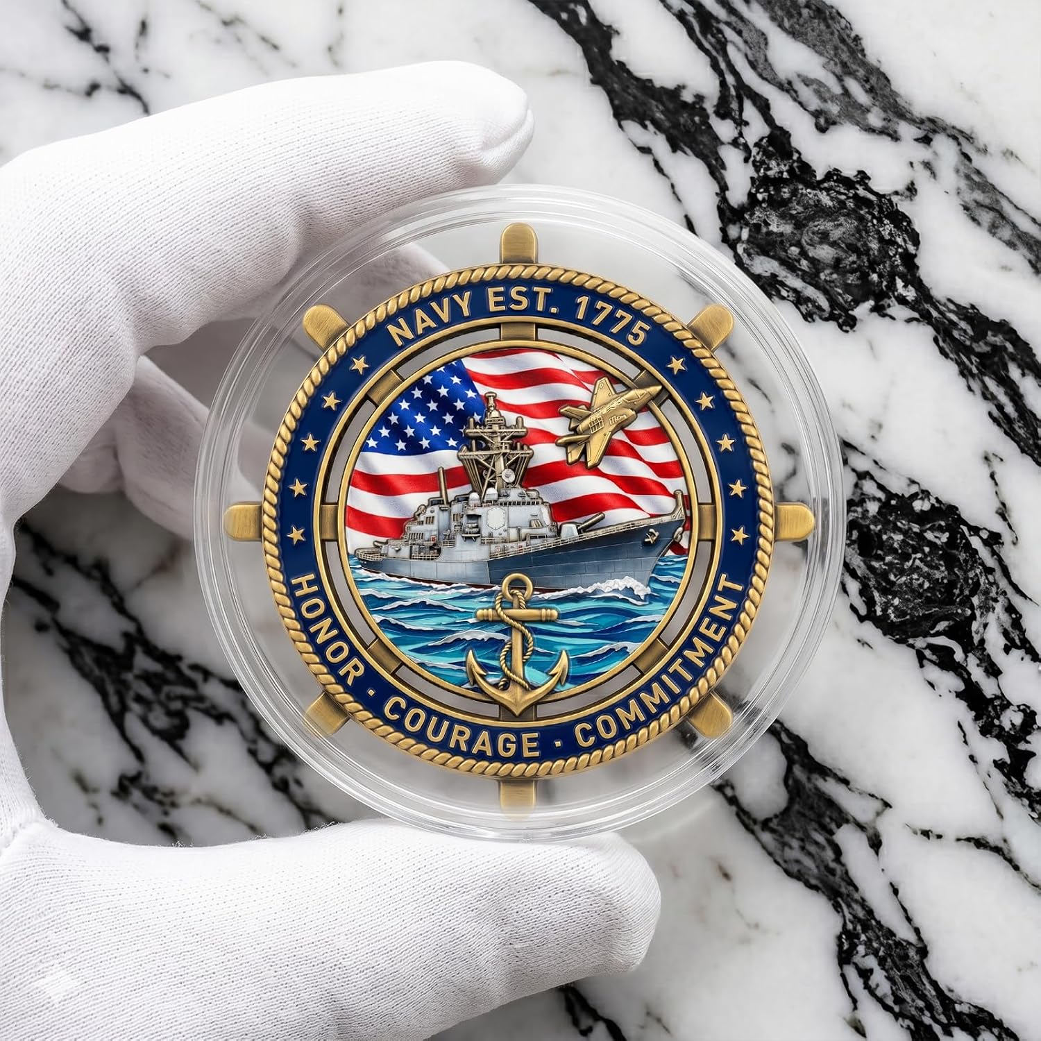 Navy Sailor’s Creed Challenge Coin – Colorful UV Military Coin with Ship & Anchor Design, Honor Courage Commitment Theme, Heavyweight Zinc Alloy with Acrylic Case (1 Pack) image 4