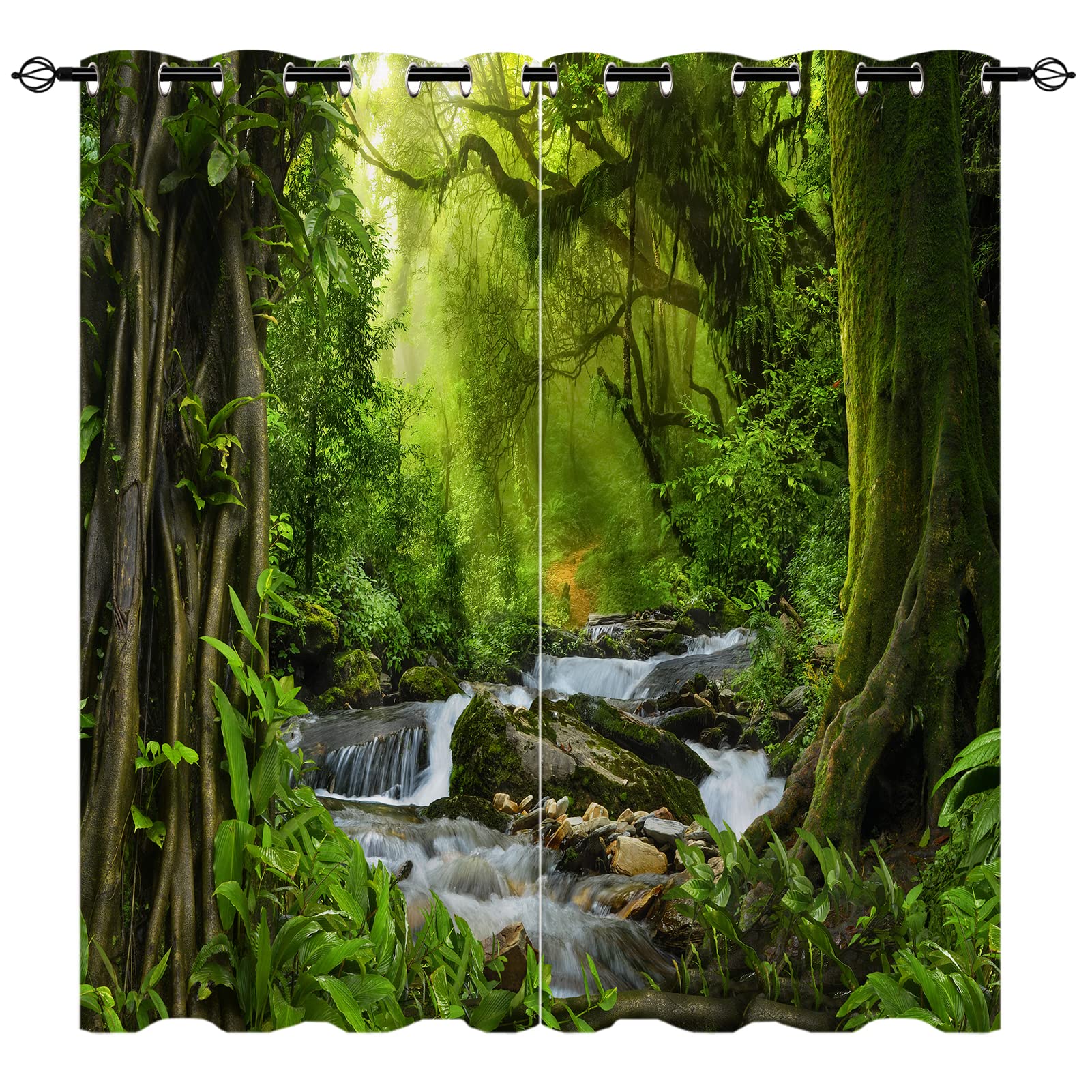 YUANZU Forest Blackout Curtains W29.5 x L65 Inch Grommet Room Darkening Window Drapes Nature Tropical Jungle River Rainforest Waterfall Scenery