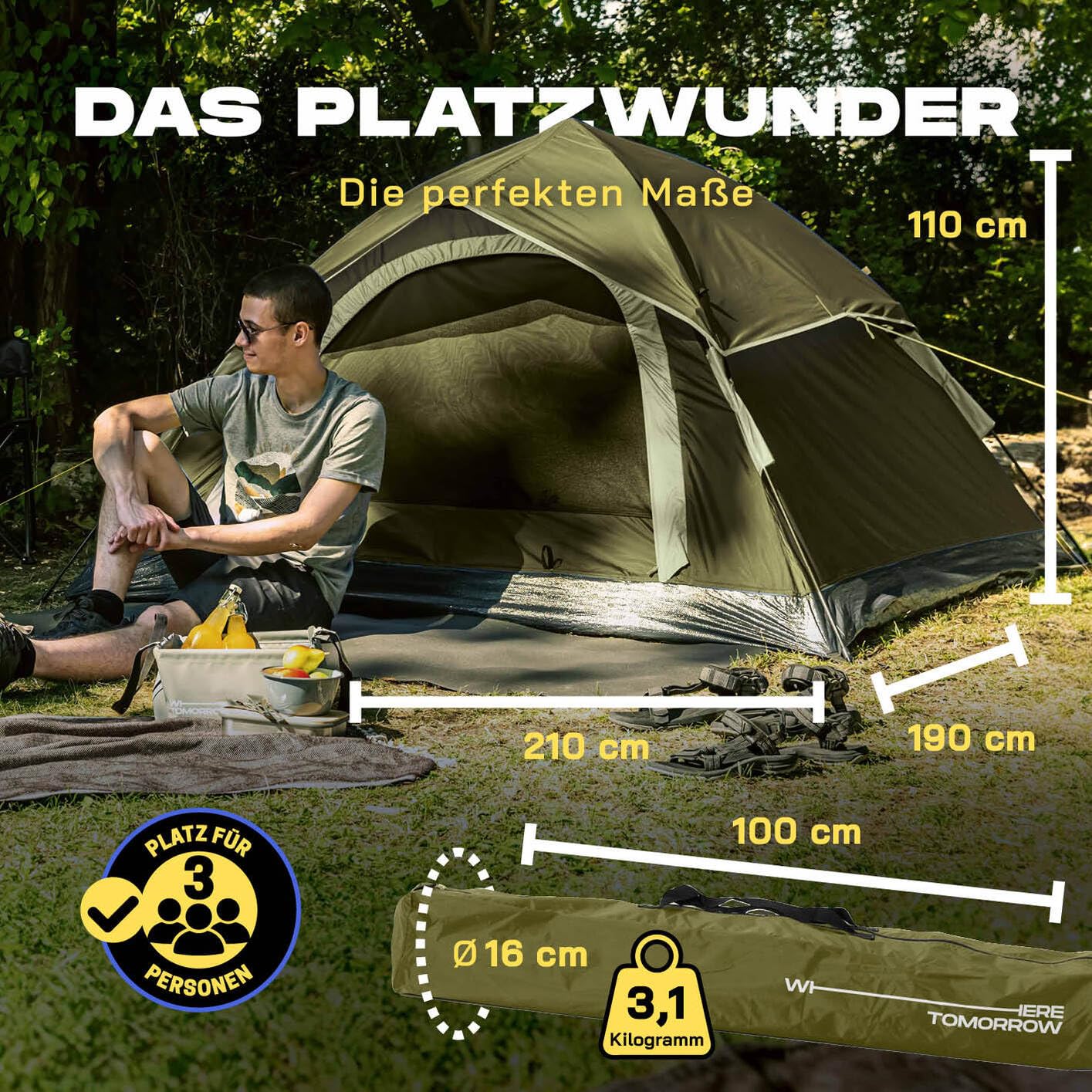 Lumaland Camping Zelt | Leichtes Pop Up Wurfzelt | 2-4 Personen Kuppelzelt | Trekking & Festival Igluzelt | Sekundenzelt Wasserdicht 210x190x110cm | Ideal auch als Strand Wind- & Sonnenschutz