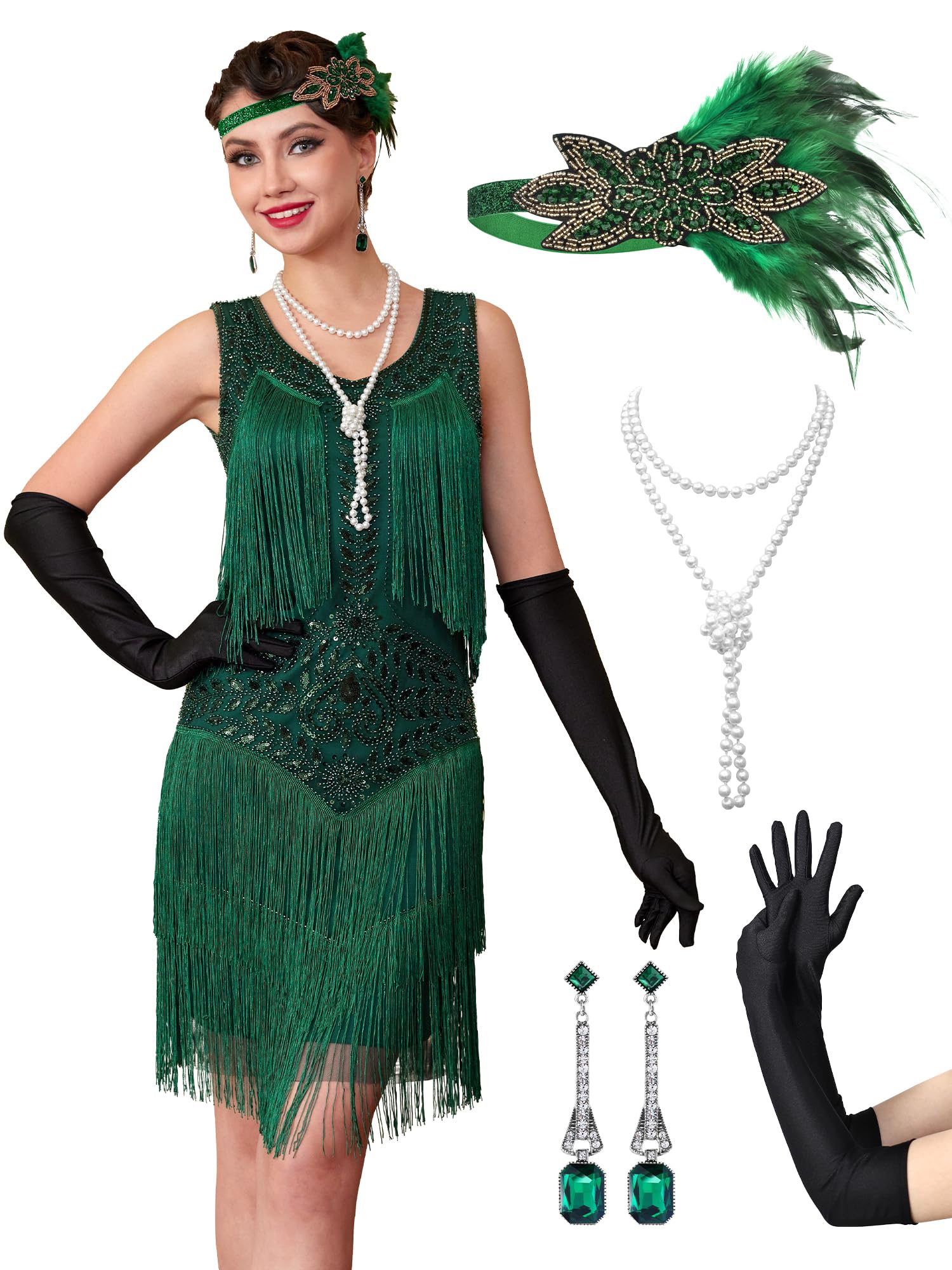 RRYIO 1920s Flapper Dresses for Women, Lace V-Neck Great Gatsby Costumes with Fringe