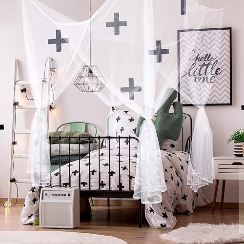 Miniatura 7 de Cortinas de cama con dosel de 4 postes de esquina, mosquitera grande, decoración de princesa, cortinas con 4 colgantes de borla para cama