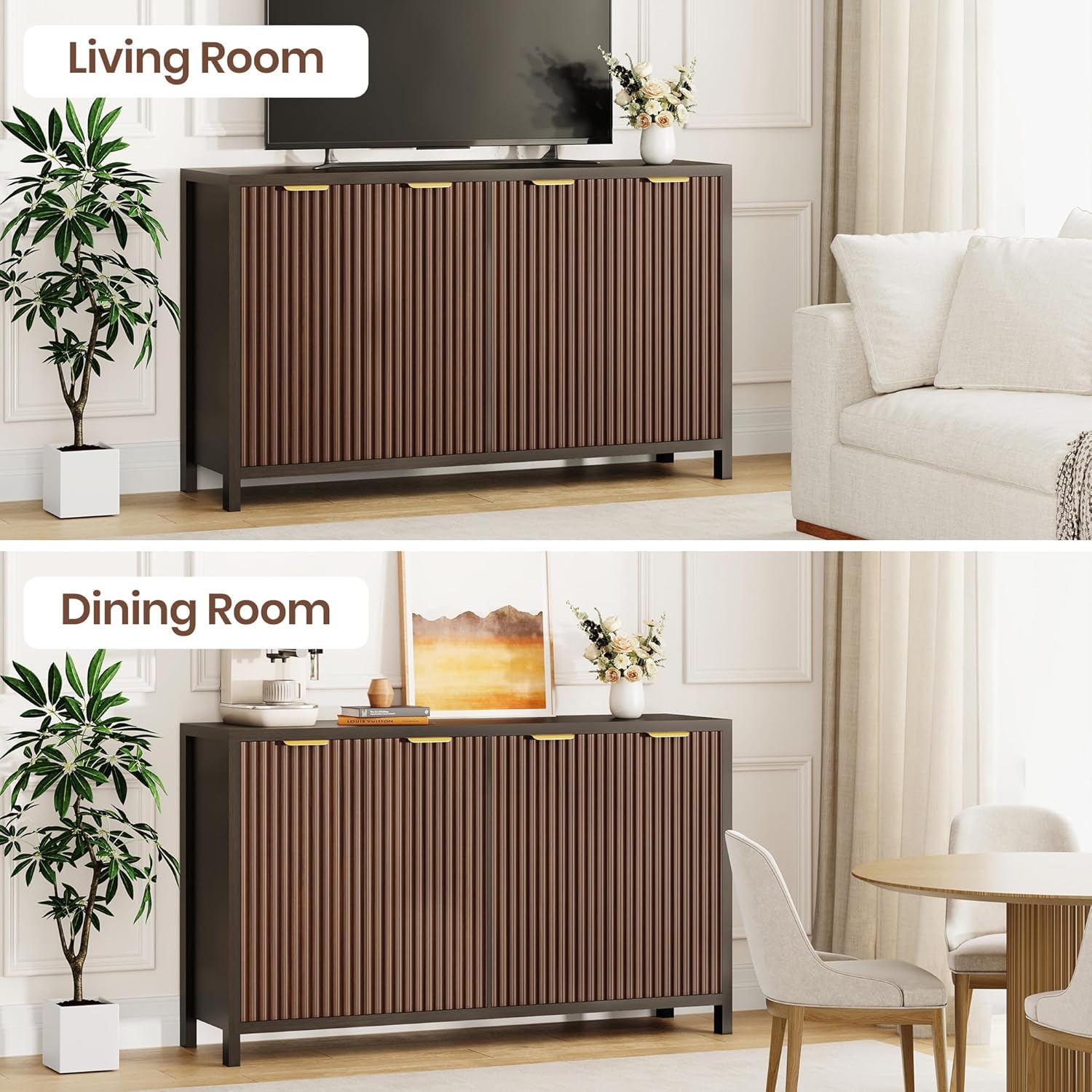 Fluted Buffet Cabinet with Storage, 55" Sideboard Cabinet with 4 Doors, Modern Credenza Accent Console Cabinet Coffee Bar Table for Living Room Dining Room Hallway, Dark Walnut