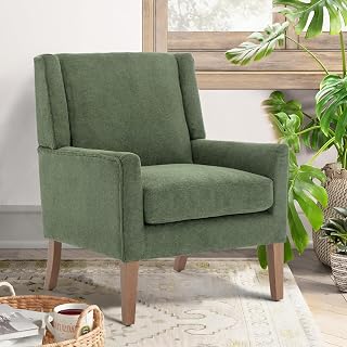 COLAMY Modern Wingback Accent Chair Green - Upholstered Fabric Armchair with Thick Cushion, Wood Legs, 300lbs Capacity for Living Room, Bedroom