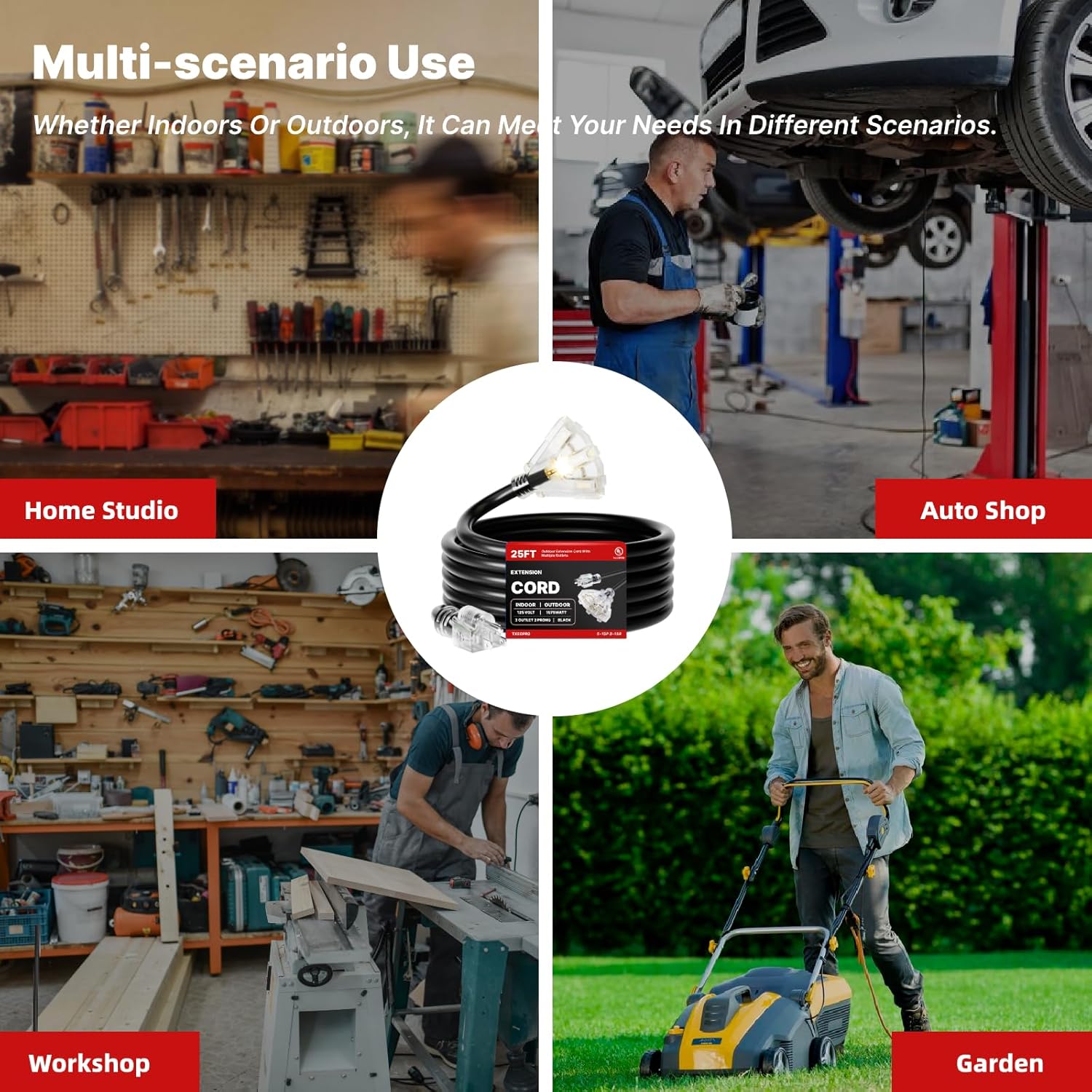 25 FT 10/3 Gauge Outdoor Extension Cord with Multiple Outlets Light Indicator, Flexible 3 Outlet Weatherproof Heavy Duty Extension Cord Waterproof, 15A 1875W 10AWG SJTW, UL Listed