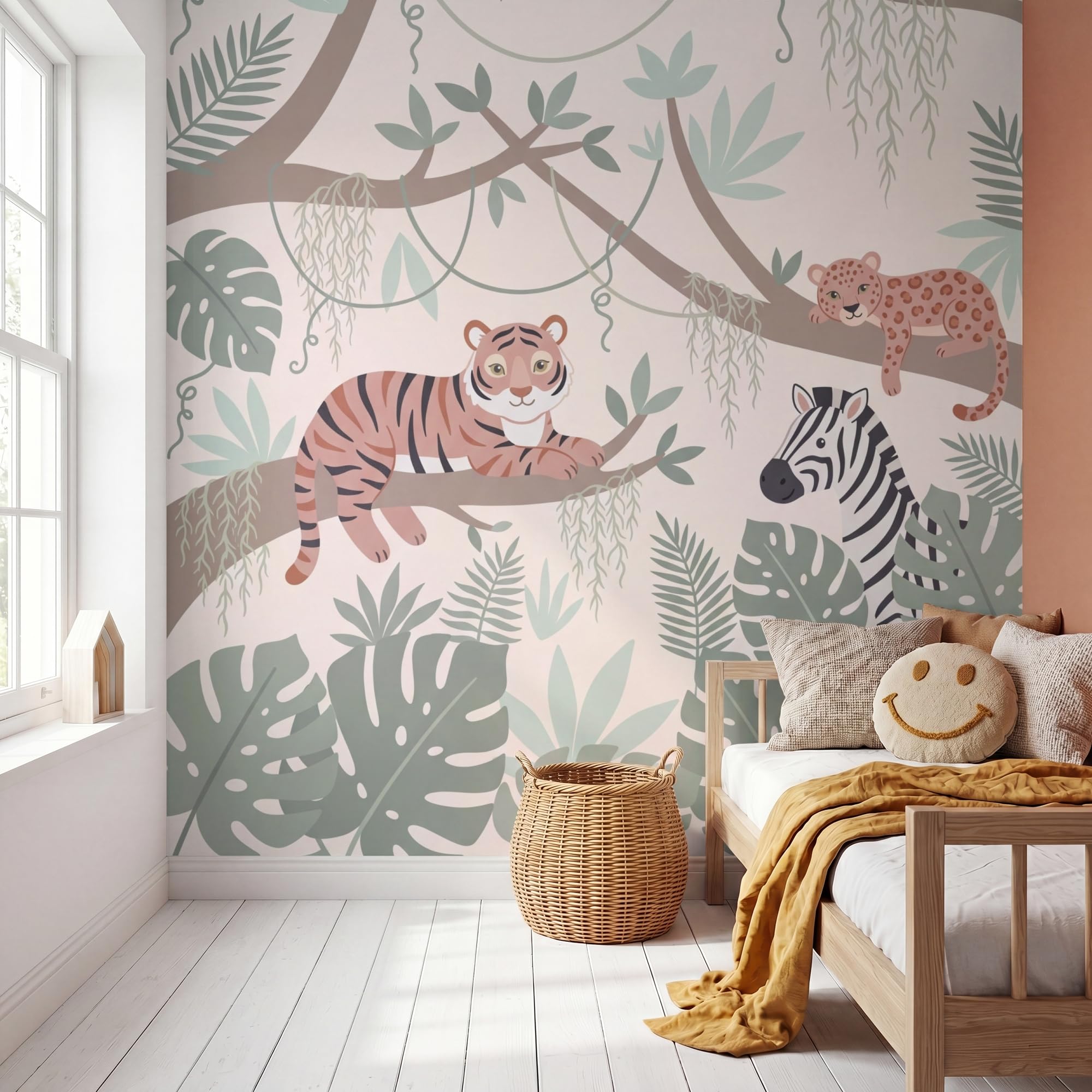 Papel Pintado Vinilico 280x280 cm Primera Calidad Papeles Pintados Pared Pour Dormitorio Infantil Sala De Juegos Del Bebé Niños Selva - Rústico - Pastel