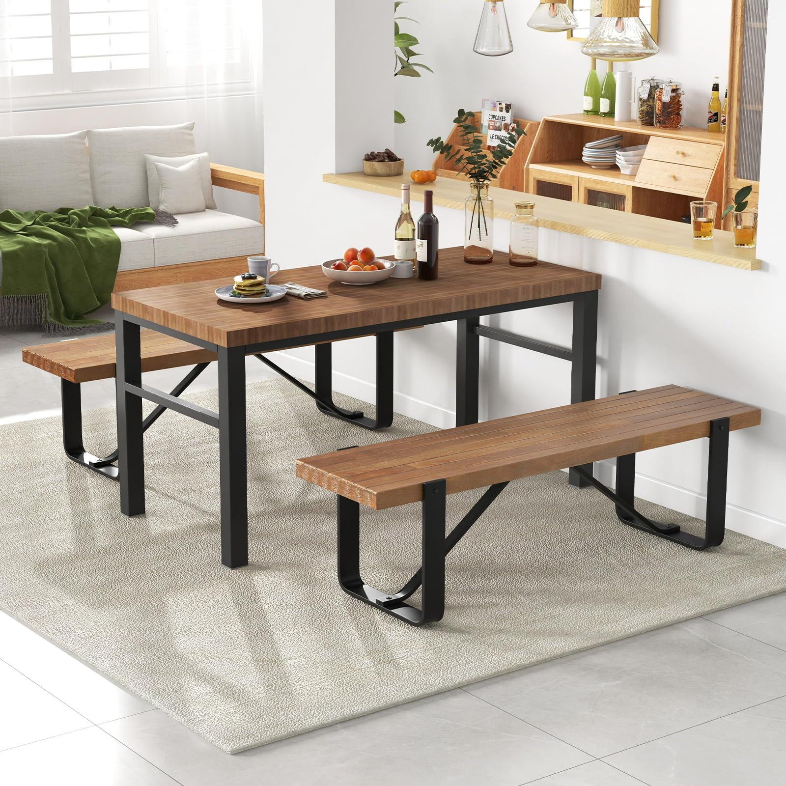 KOMFOTTEU Banc de salle à manger 152,5 x 43 cm en bois avec pieds en métal - Banc de table en bois sans dossier - Banc de cuisine avec pieds en U - Banc de couloir - Charge maximale : 300 kg