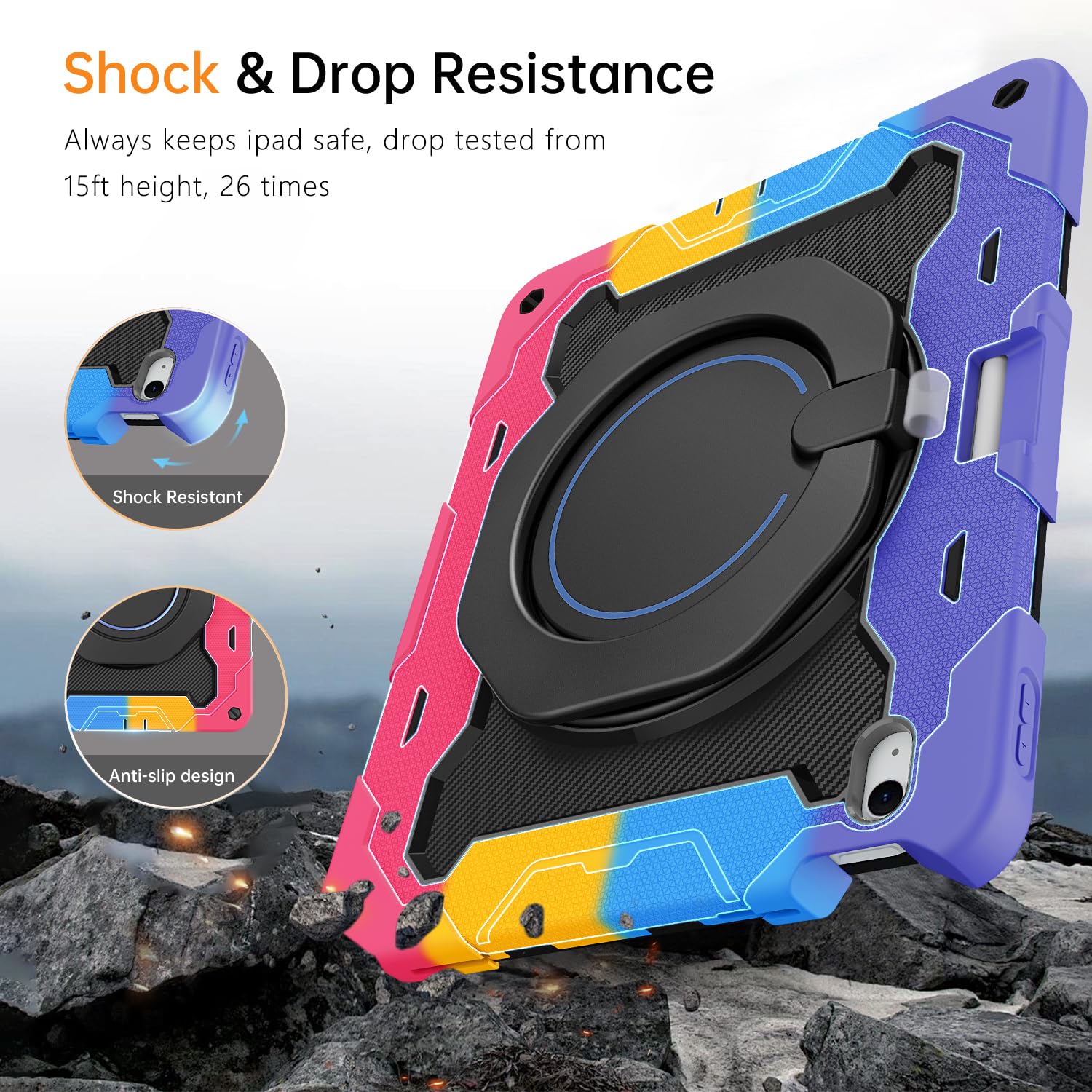 ROISKIN Coque pour iPad Air 13" M4/M3/M2 (2026/2025/2024) avec protection d'écran, support rotatif, bandoulière, porte-stylo, étui militaire résistant aux chocs pour enfants pour iPad Air 13 8e/7e/6e