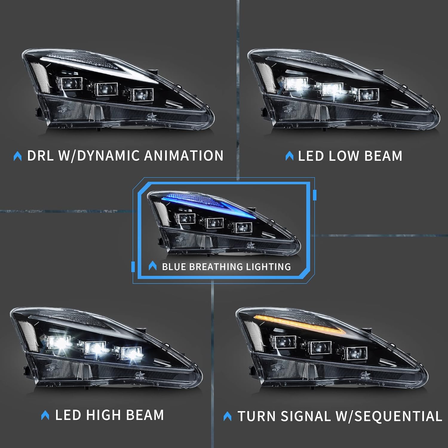 VLAND Led Front and Rear Lights Compatible with Lexus IS250/IS350 2006-2012 w/Animation& Blue Breathing w/Swichback (Clear Headlights+RedTaillights)