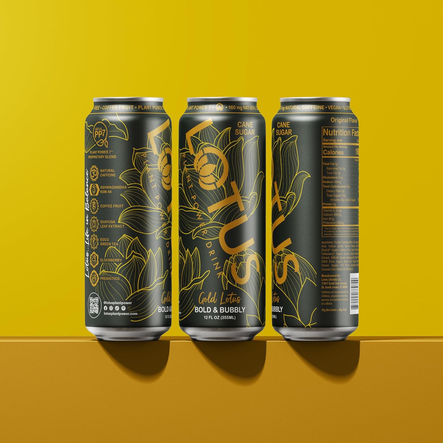 Gold Lotus Plant Power Drink™ | Pure Cane Sugar | 160 mg Natural Caffeine from Green Coffee Bean | Plant-Based Ingredients | 12 oz Cans | 12 Count