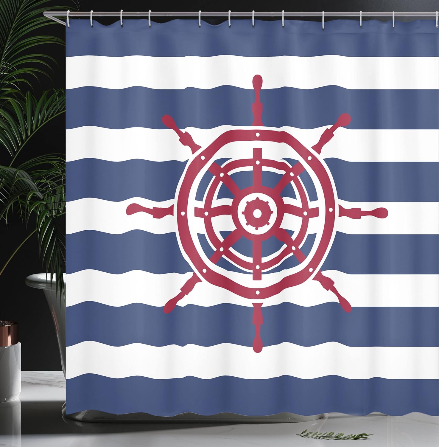 Ambesonne Ships Wheel Shower Curtain, Illustration of Ship Steering Wheel on a Stripped Background Artwok, Cloth Fabric Bathroom Decor Set with Hooks, 69" W x 84" L, Navy Blue Red