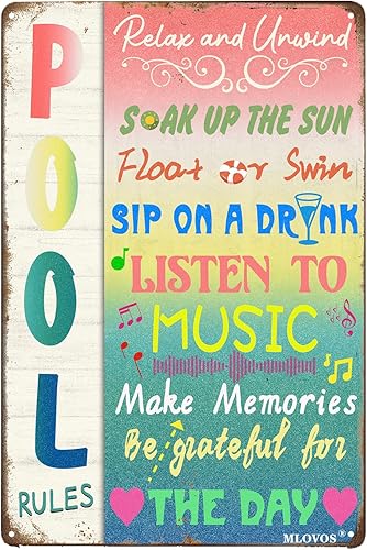 Letreros de metal para piscina, divertido letrero de lata con reglas de piscina, decoración de pared de cubierta, letrero de lata de 12 x 17 pulgadas