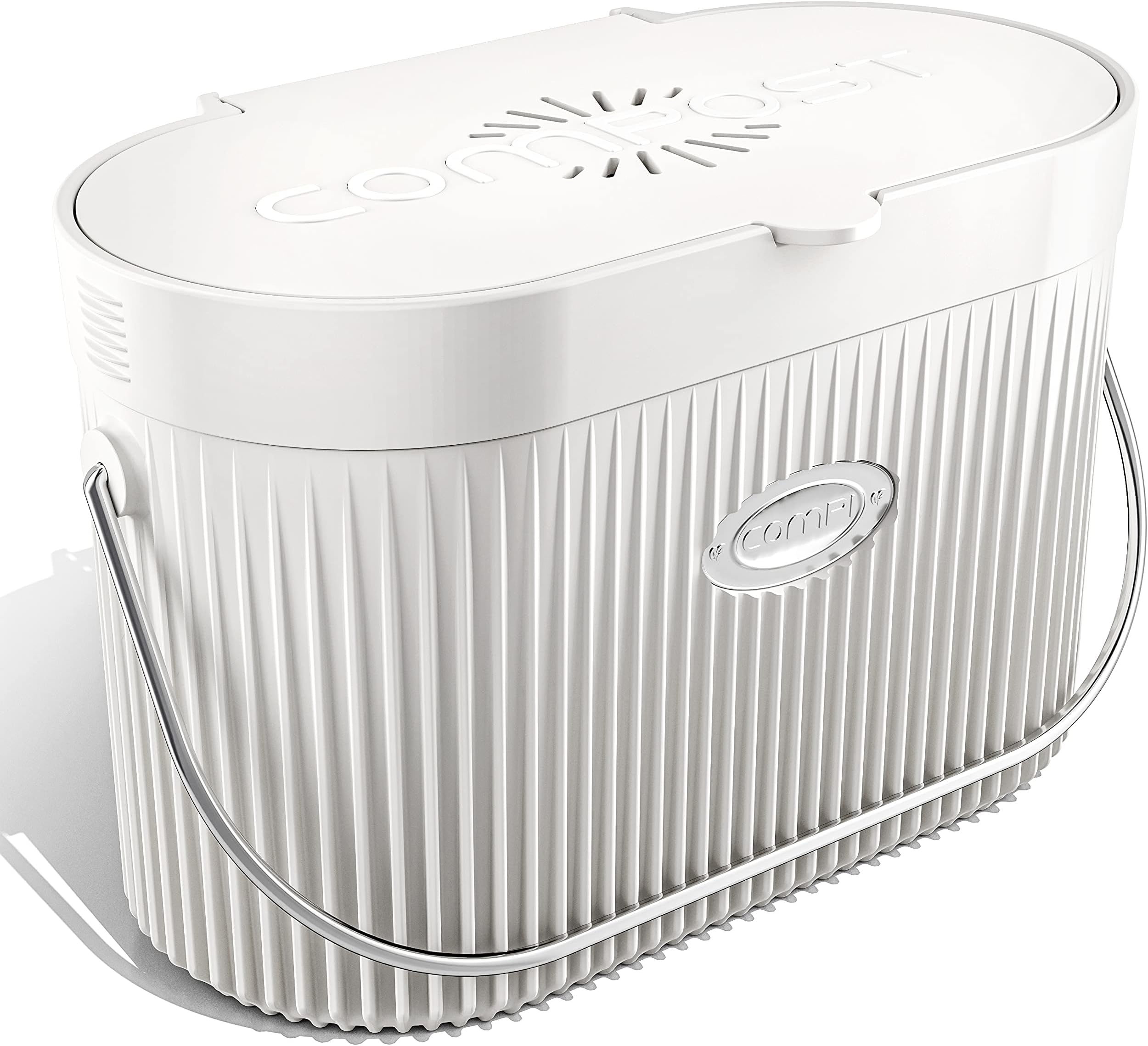 Bamboo Fiber Indoor Kitchen Compost Bin with Lid, 1.3 Gal, White - Sealed Countertop Container, Dishwasher Safe, Odor-Free with Carbon Filters