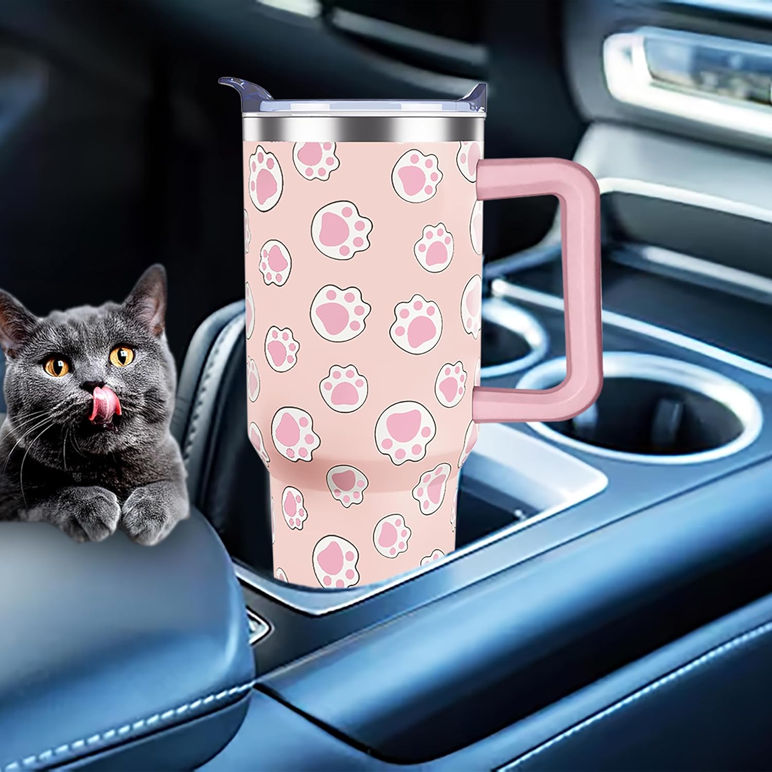 40 oz Cute Cat Tumbler with Handle and Straw Lid cat gifts for cat lovers for Women Double Insulated Cup Travel Coffee Mug - Image 3