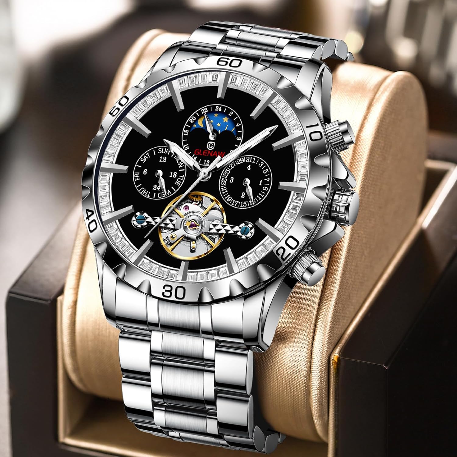 Mens Watches Automatic Mechanical Skeleton Tourbillon Luxury Self Winding Dress Wrist Watches Moon Phase Waterproof Luminous - Image 5