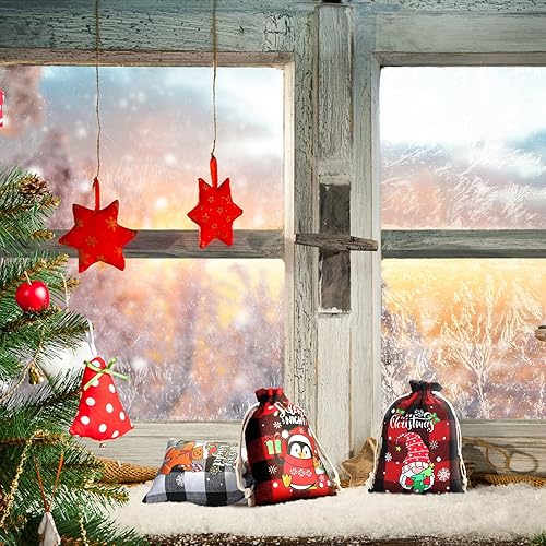 Miniatura 7 de 24 bolsas de regalo de Navidad con cordón, bolsa de arpillera de Navidad, bolsa de Navidad de algodón lavable para envoltura de dulces, recuerdos de