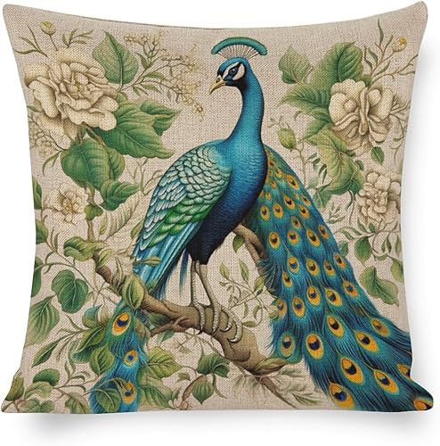 Fundas de almohada para exteriores, vintage, elegante, de pavo real, funda de almohada de 18 x 18 pulgadas, funda de cojín de lino con plumas de