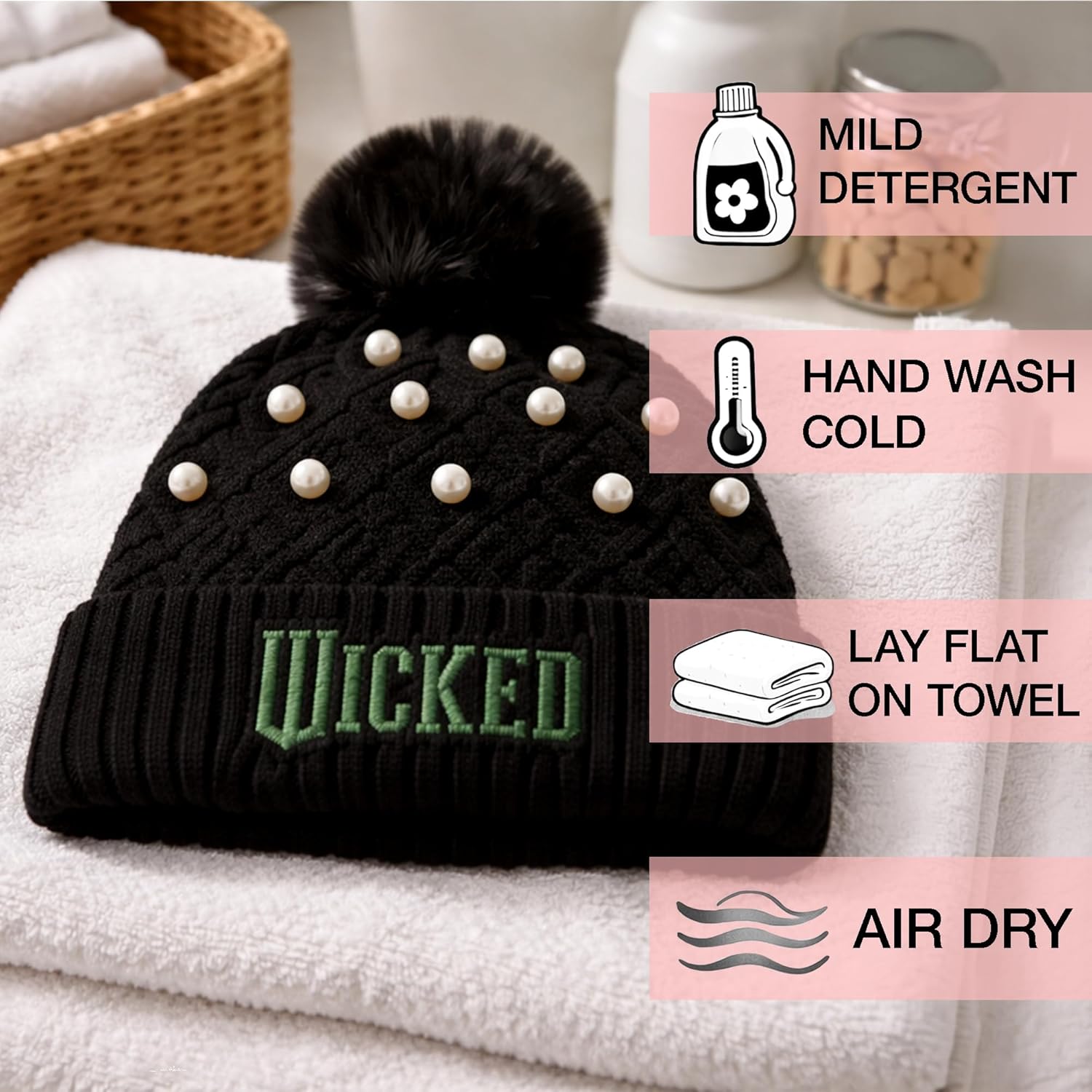 Bioworld Wicked Logo & Pearl Appliques Black Cuff Beanie - Image 5