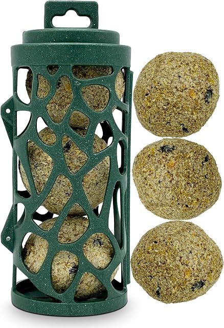 Eco Friendly Bird Feeder Pre-Filled with 3 Suet Balls Included - Green Recycled Plastic Hanging Feeders for Wild Garden Birds - Attracts Finches, Robins & many others