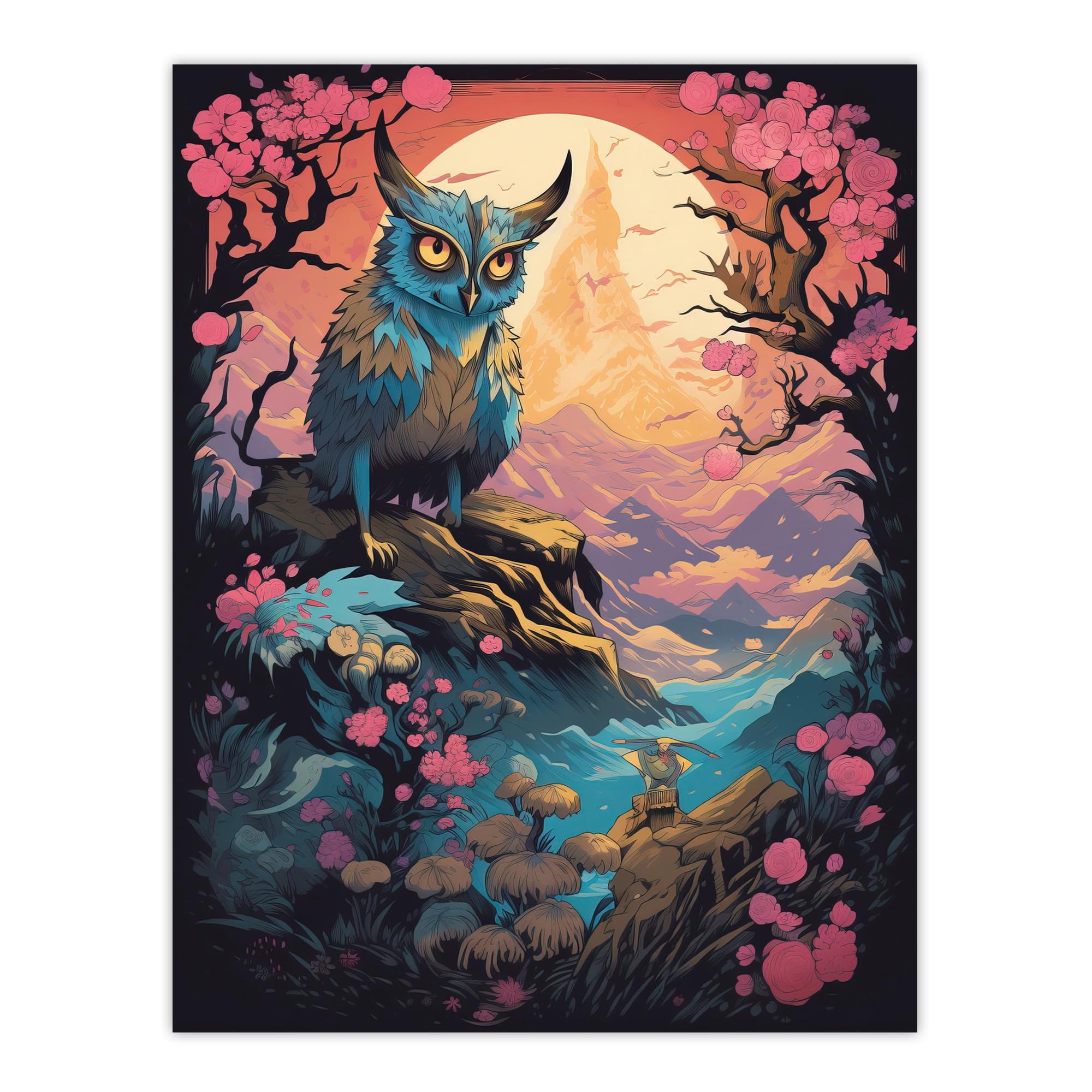 Artery8 Owl Yokai Concept Art Print W18" x H24" Mythical Folklore Creature Warrior Cherry Blossom