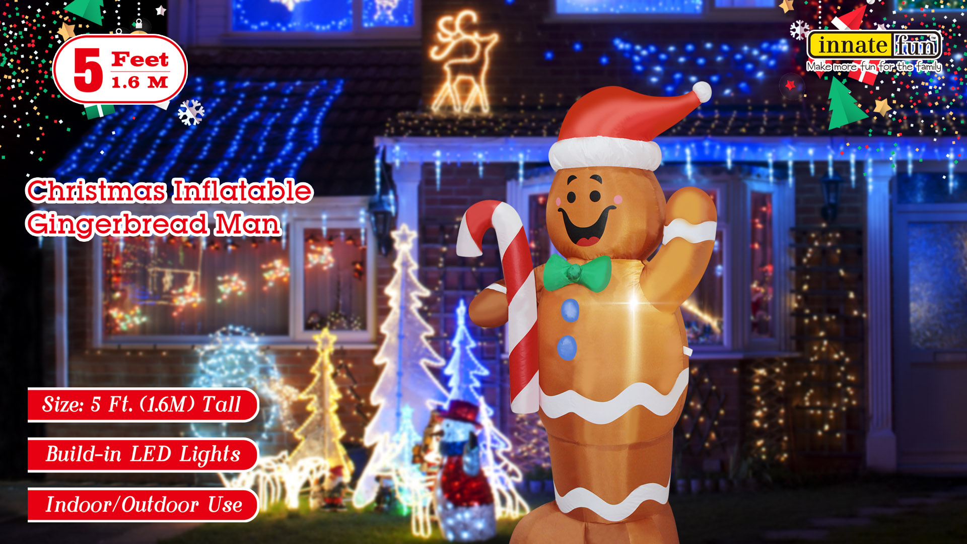 5ft Christmas Gingerbread Man Inflatable With LED Lights - Outdoor Indoor Holiday Decoration - View #5