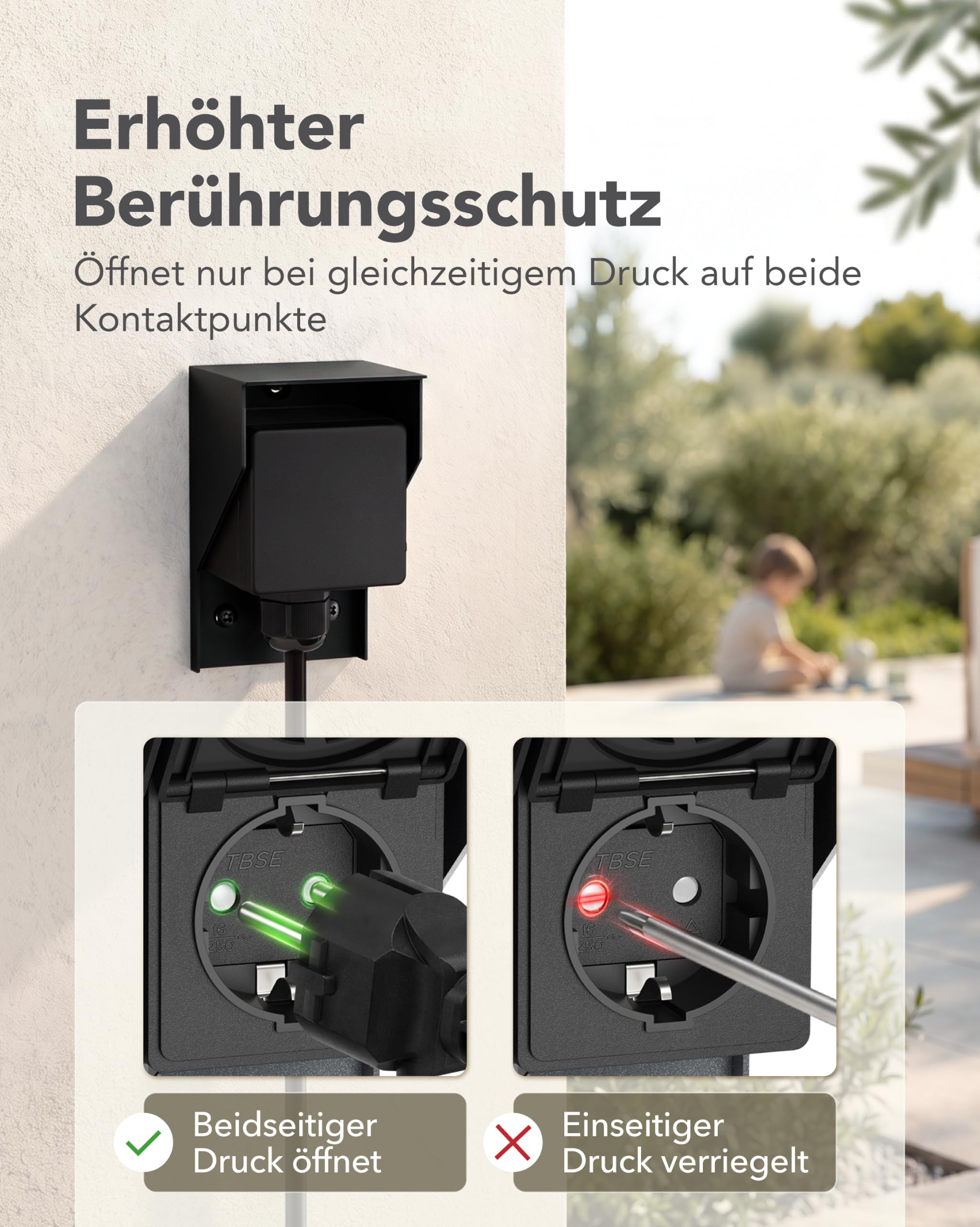 ledscom.de 3x Aufputz Steckdose PIWI für außen und 2m Kabel, IP44, 1-fach, schwarz