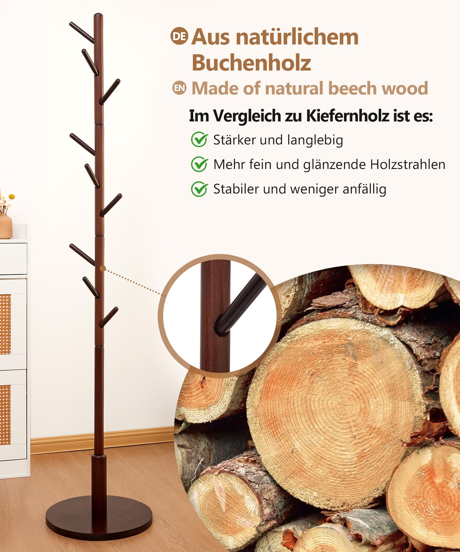 Yorbay Appendiabiti in legno massello di faggio, Appendiabiti a forma di albero con 9 ganci per giacche, cappelli, borse, camera da letto, ufficio, ingresso, 38 x 179 cm, Marrone