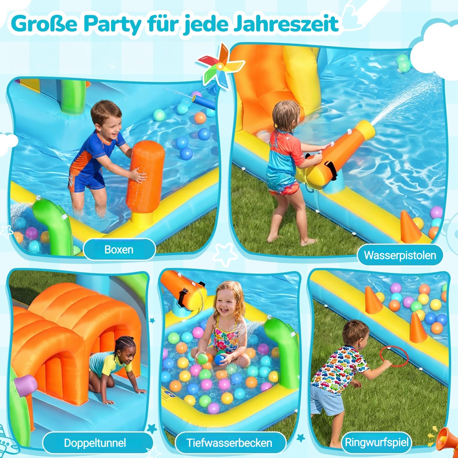 Hüpfburg mit Gebläse,Indoor/Outdoor Hüpfburg mit Rutsche, 2 Tunneln, Planschbecken, Sprungbereich, Basketballkorb für Hinterhof, Park und Familienzusammenkünfte,565x425x210 cm