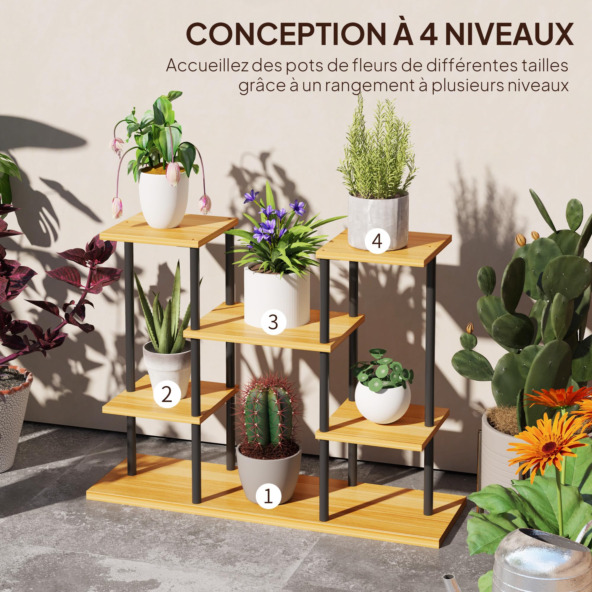 Outsunny Support plantes intérieur, étagère plante à 6 niveaux, cadre en acier base en bois massif, porte plante pour salon, balcon, jardin, bois naturel