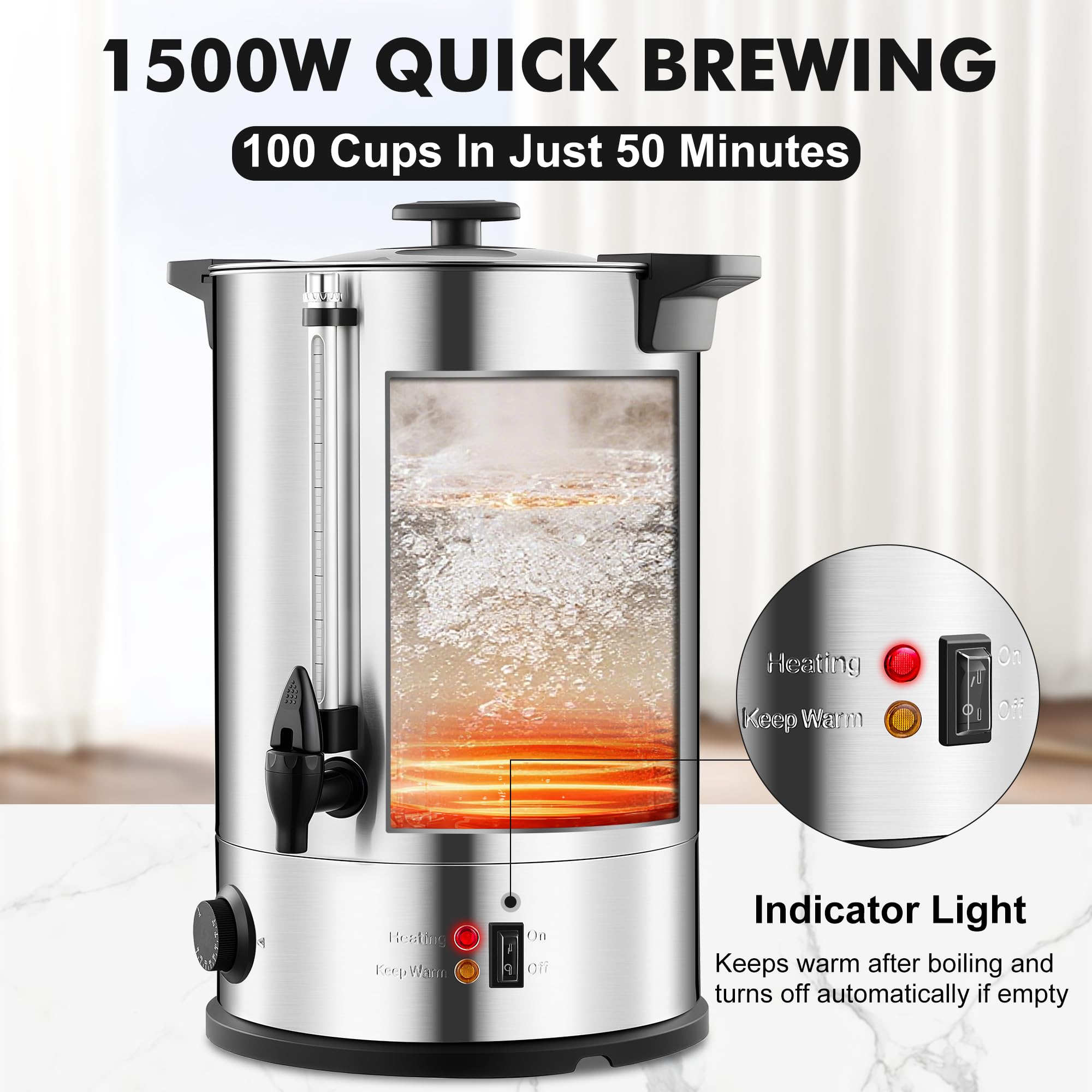 Urna da caffè commerciale, 100 tazze, grande macchina da caffè, erogatore di bevande calde con doppia parete in acciaio inossidabile, urna d'acqua per eventi, birra rapida, controllo della