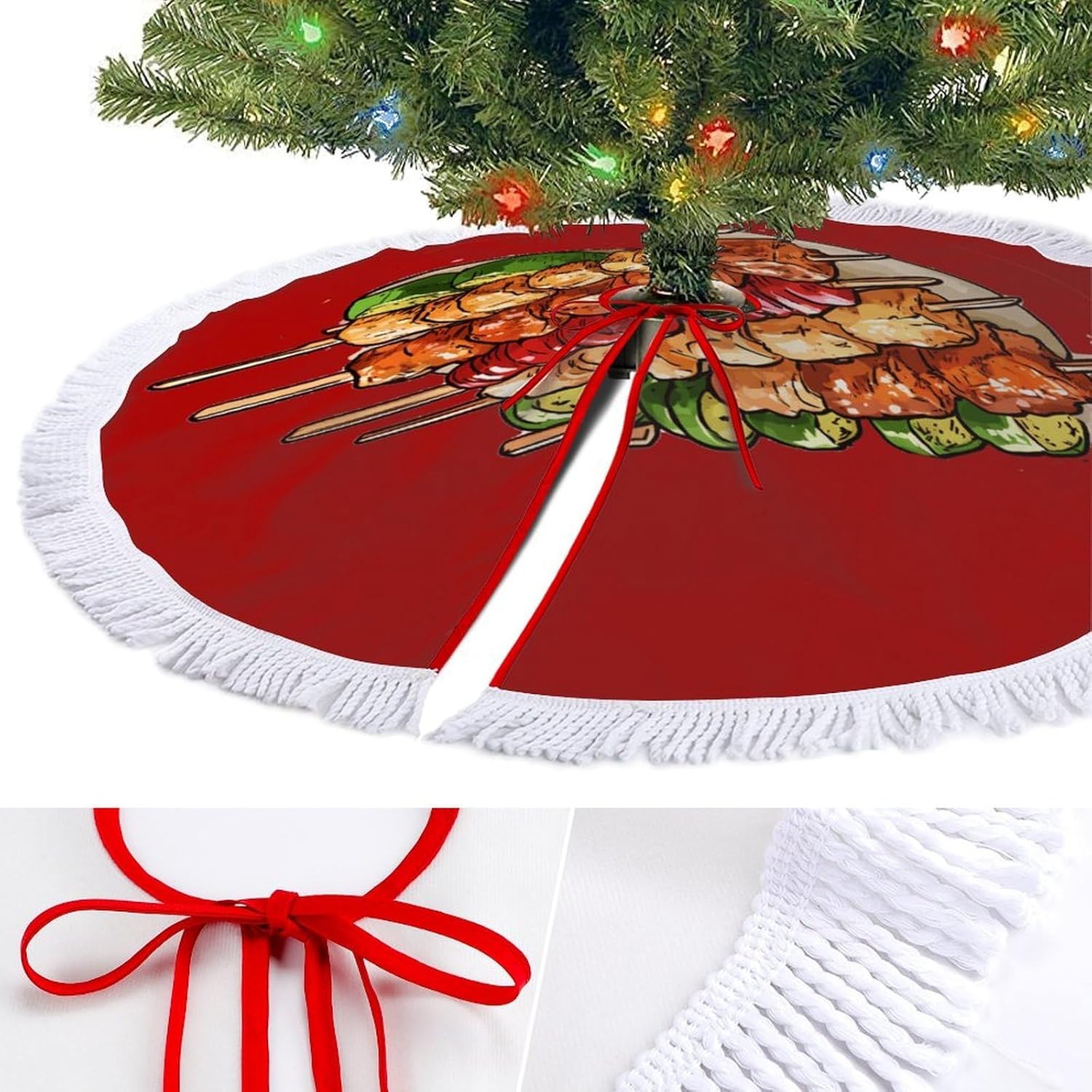 Chicken Skewers BBQ Christmas Tree Skirt Round Xmas Tree Mat Ornaments Tree Skirts with Tassels for Holiday Party