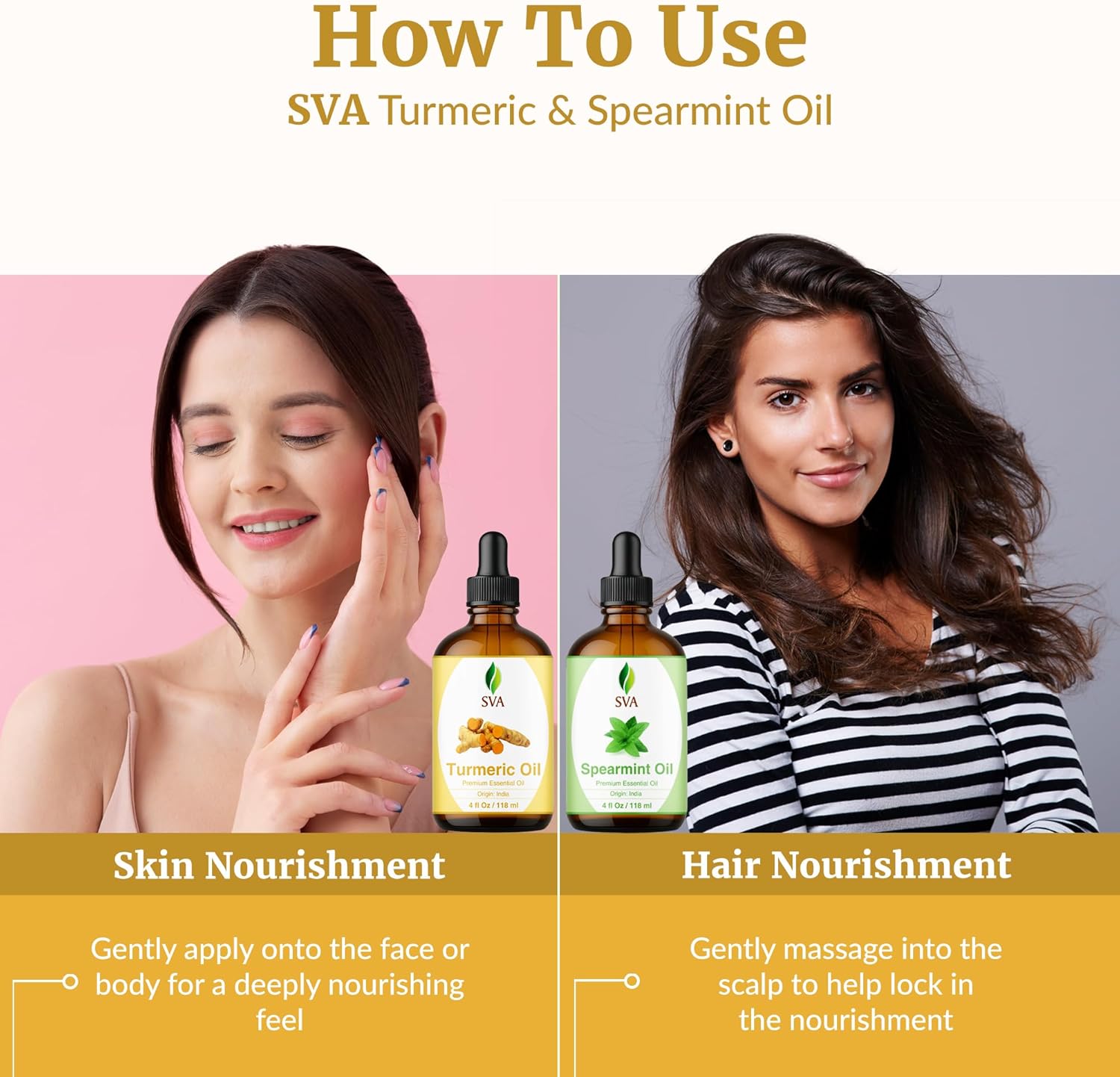 SVA Turmeric and Spearmint Essential Oil 4 oz Bundle Super Saver Combo – Premium Grade Value Set for Hair Oiling, Scalp Massage, Hair Care, Skin Care and Body Massage