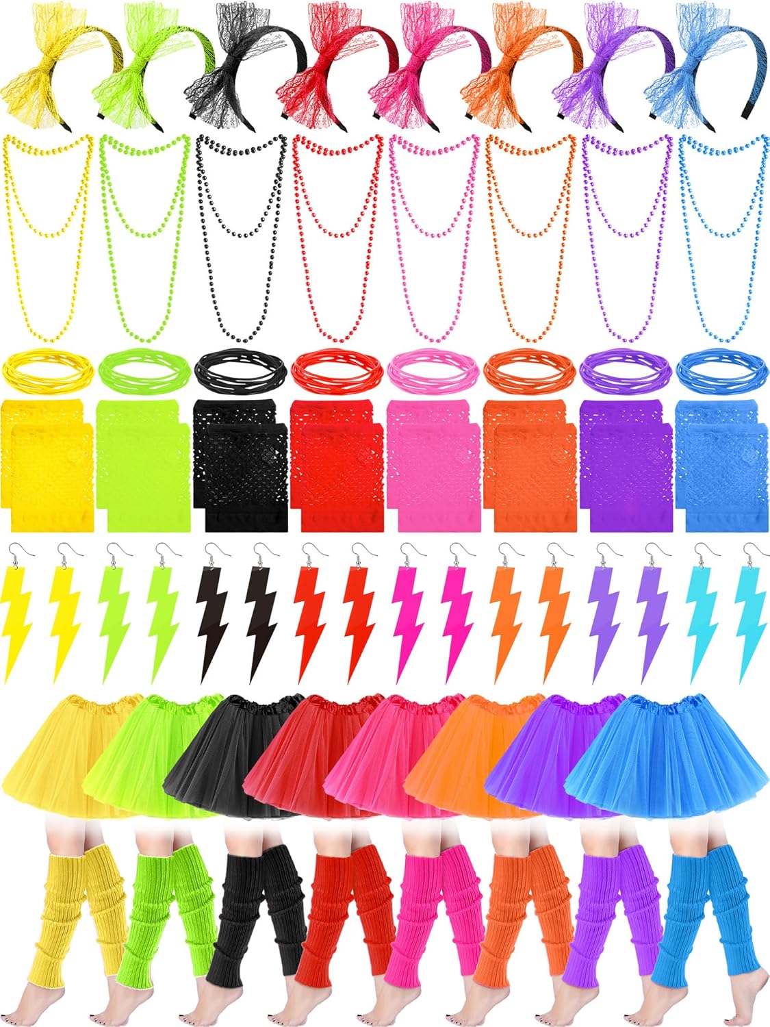 Toulite 56 Pcs 80s Accessories for Women 80s Costume Outfit Set Retro Tutu Skirts Fishnet Gloves Leg Warmers Lace Headband Necklace Earrings Bracelet for Neon Outfit Party Dress