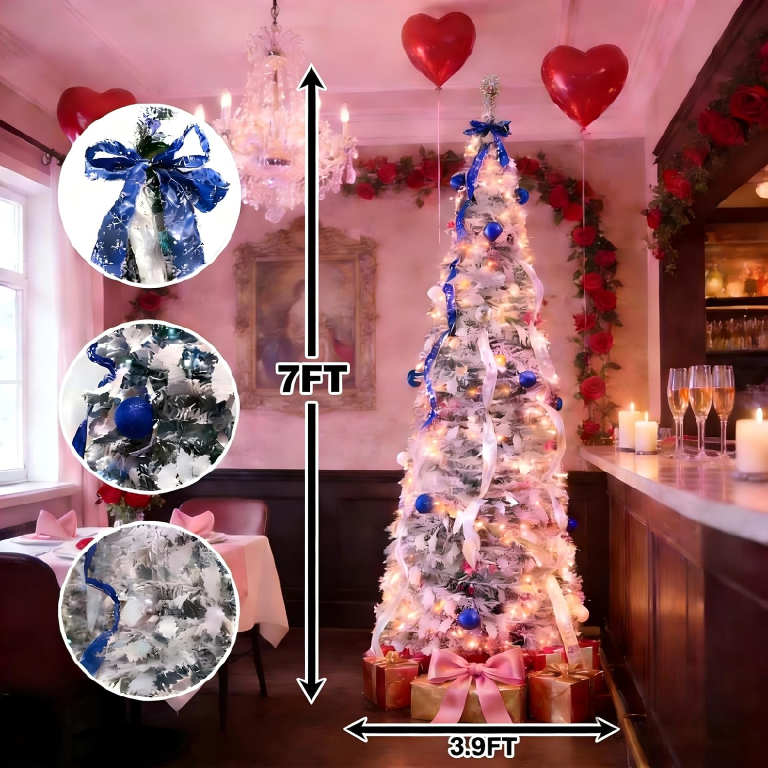 7ft Smart Flocked Pre-lit Christmas Tree with 250 LED Lights, App & Remote Control, Valentine's Day Decorations, Foldable Metal Stand, Valentine Tree for Indoor Home Office Party Decorations