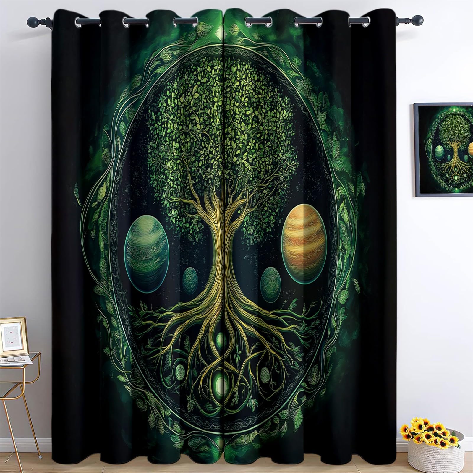 Mandala Tree Of Life Blackout Curtains 2 Panels 46” W x 54” L Drop Room Darkening Polyester Fabric Eyelet Curtain 3D Thermal Insulated Window Drapes for Living Room