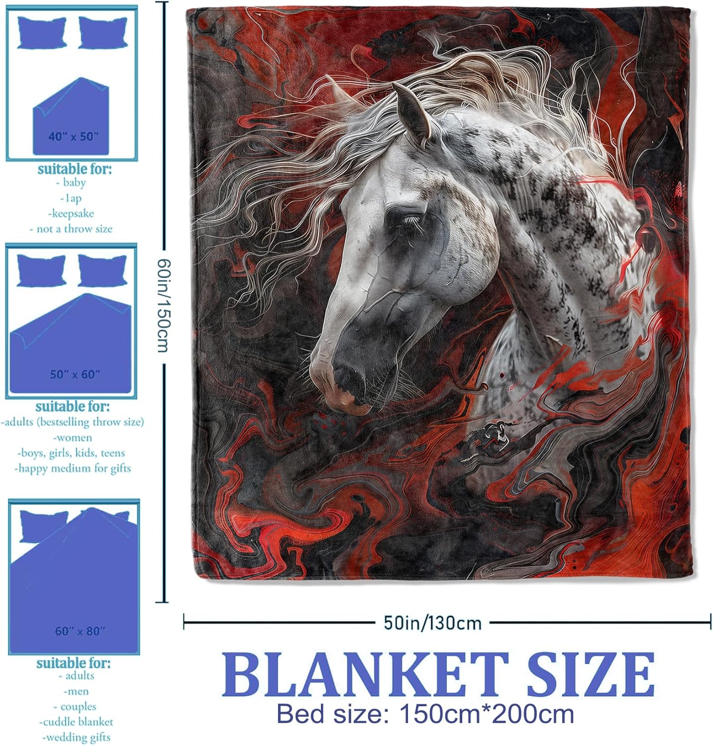 Majestic Horse Throw Blanket, 60"x80", Fiery Horse Art Theme Blanket for Living Room, Soft Flannel Home Decor Gift for Adults and Women