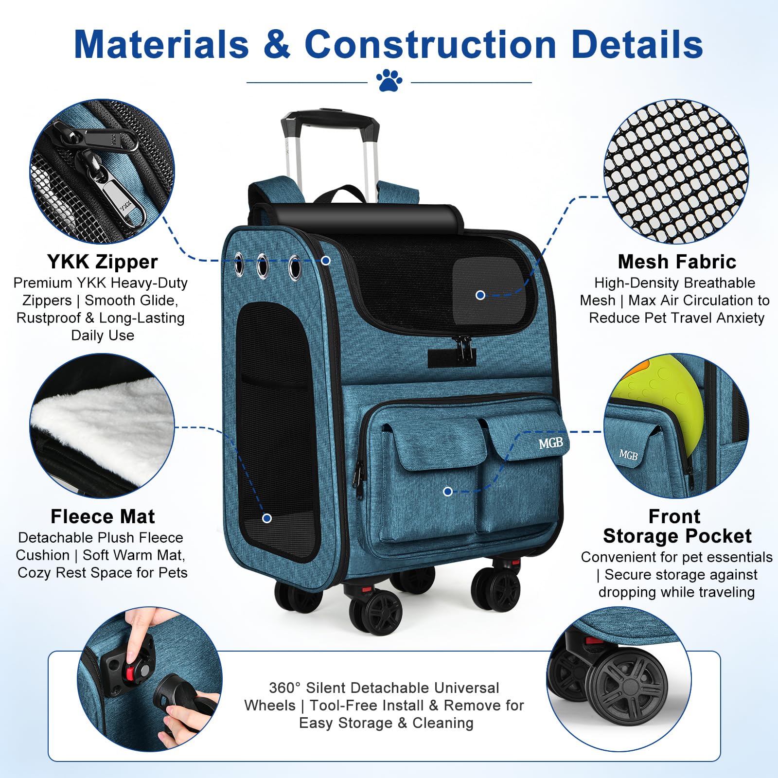 Mochila transportadora para gatos con ruedas, plegable, de lados suaves, para gatos y perros pequeños, malla transpirable con protección solar, portátil para acampar y caminar, color azul