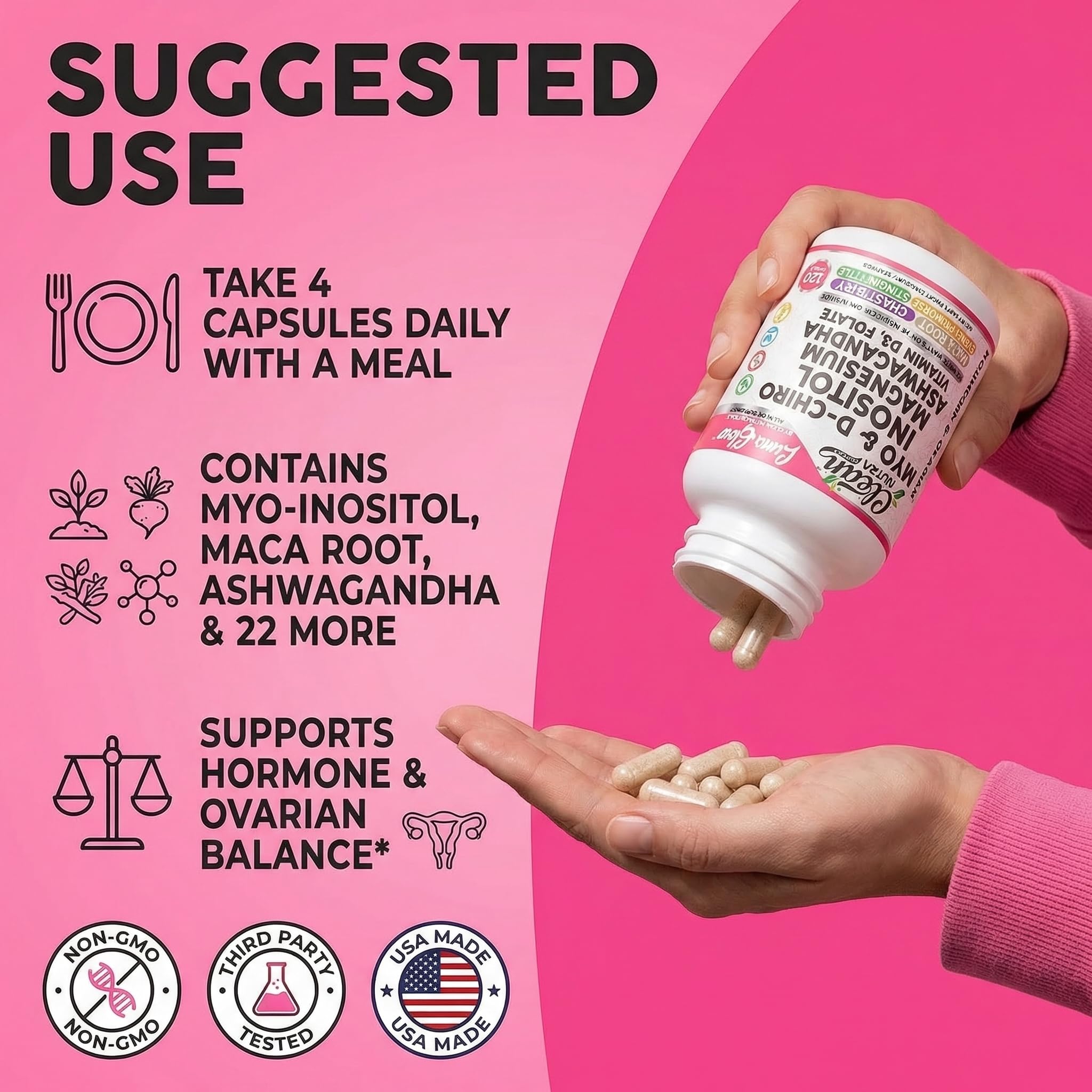 Myo Inositol D Chiro Inositol Supplement for Women - Hormone Balance with Magnesium Ashwagandha Vitamin D3 Folate Maca Root Chasteberry Evening Primrose | Ovarian Support Capsules 120 Count — Amazon image 6