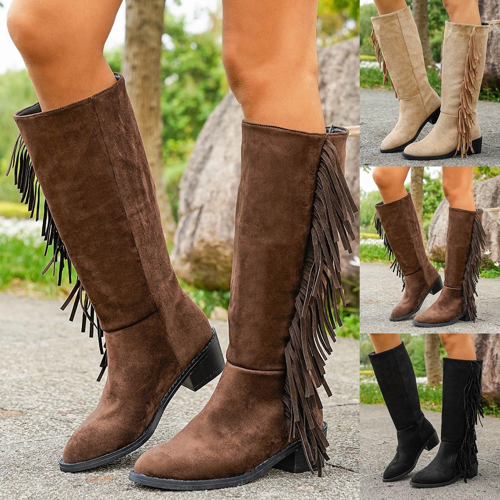 Stivali western da donna, eleganti, tinta unita, con frange, stile retrò, in pelle scamosciata, con tacco a blocco, stivaletti invernali