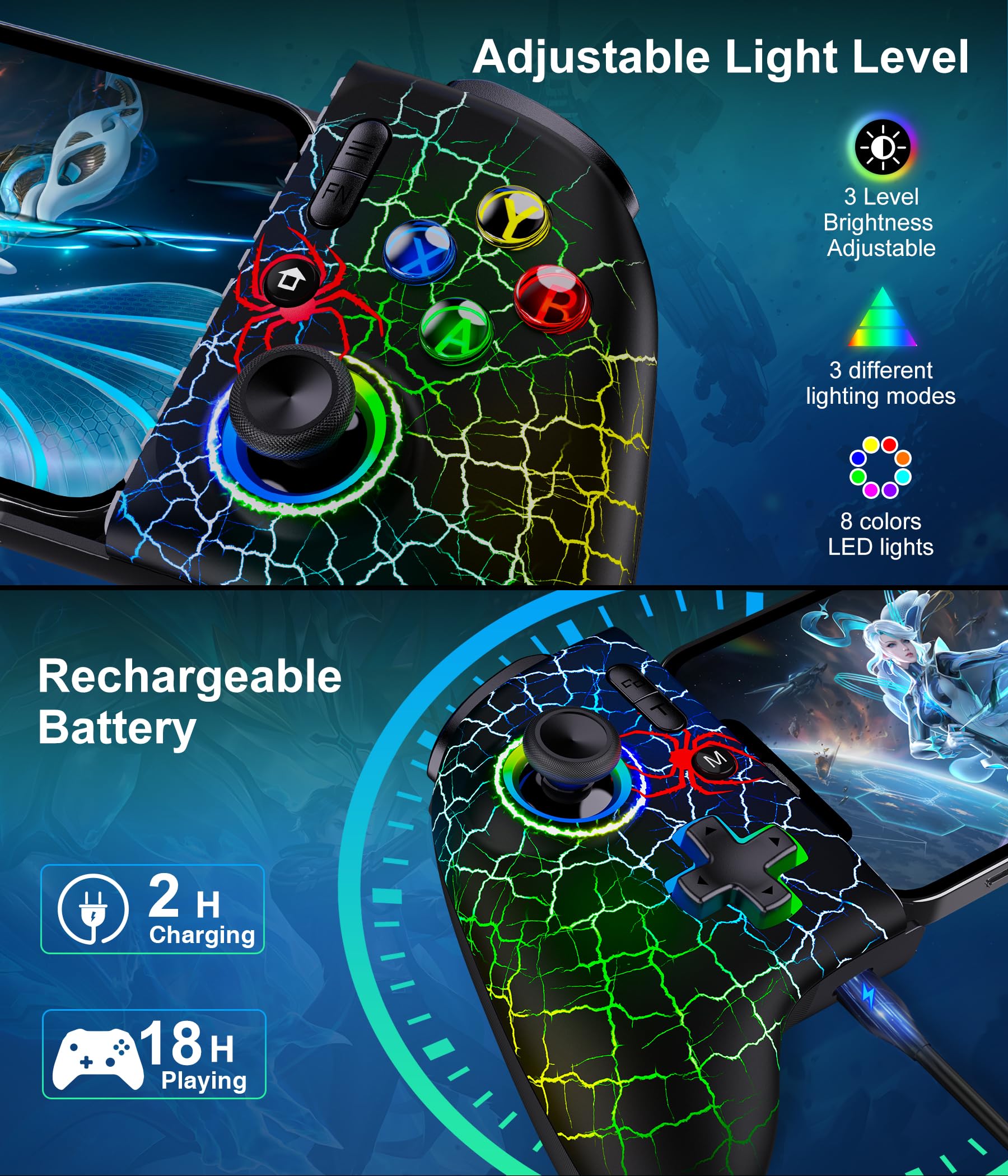 Mobiler Gaming-Controller, Smartphone-Controller für iPhone/Android-Handheld-Gaming mit programmierbaren/Hall-Effekt-Joysticks & analogen Triggern/anpassbarer Beleuchtung/Turbo