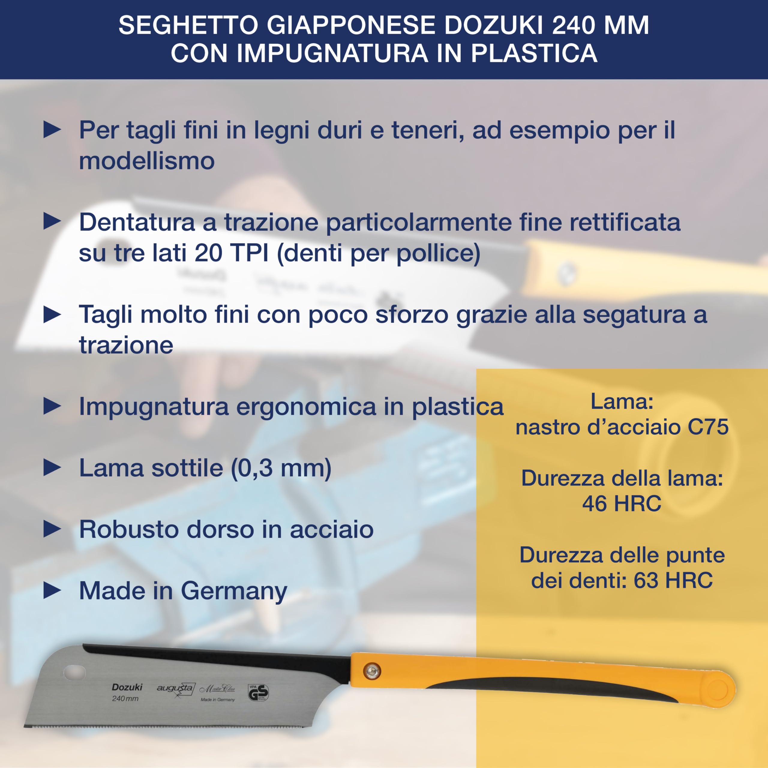 Sega giapponese Augusta-Heckenrose Dozuki - sega tradizionale con robusto dorso in acciaio e impugnatura comfort 2K - taglio diamantato su tre lati - dentatura speciale per tagli fini nel legno