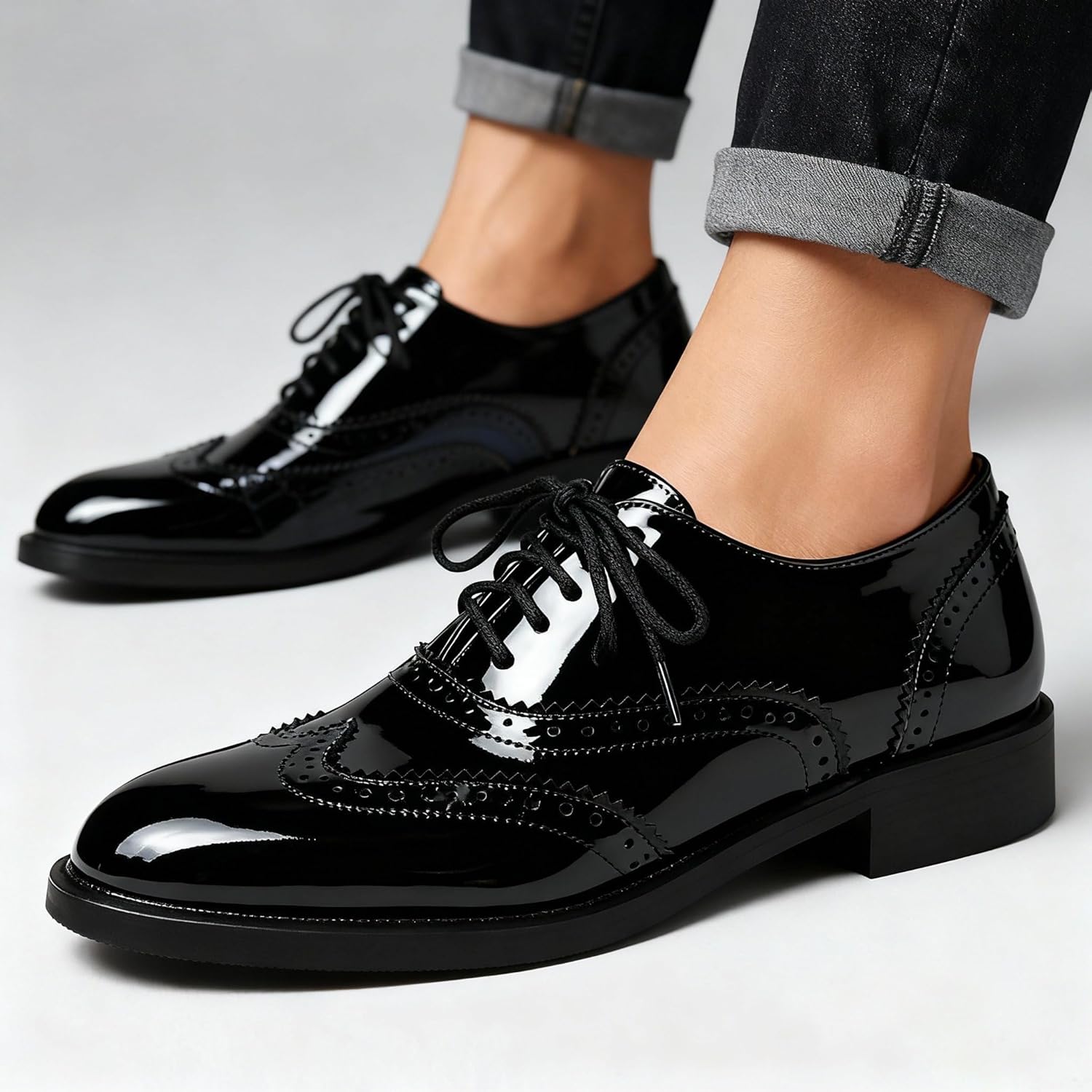 Womens Oxfords Black and White Wingtip Chunky Heeled Patent Leather Vintage Brogue Lace Up Two Tone Saddle Shoes - Image 2