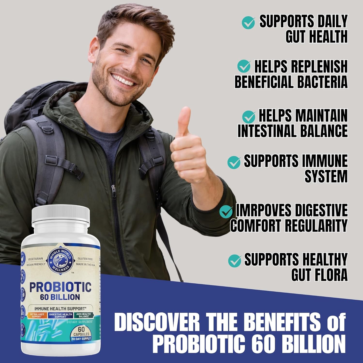 Probiotic 60 Billion CFU/g | Immune, Digestive & Gut Health Support | Supports Constipation, Gas & Bloating | All Natural, Dairy Free, Soy Free | 60 Capsules | Made in The USA.